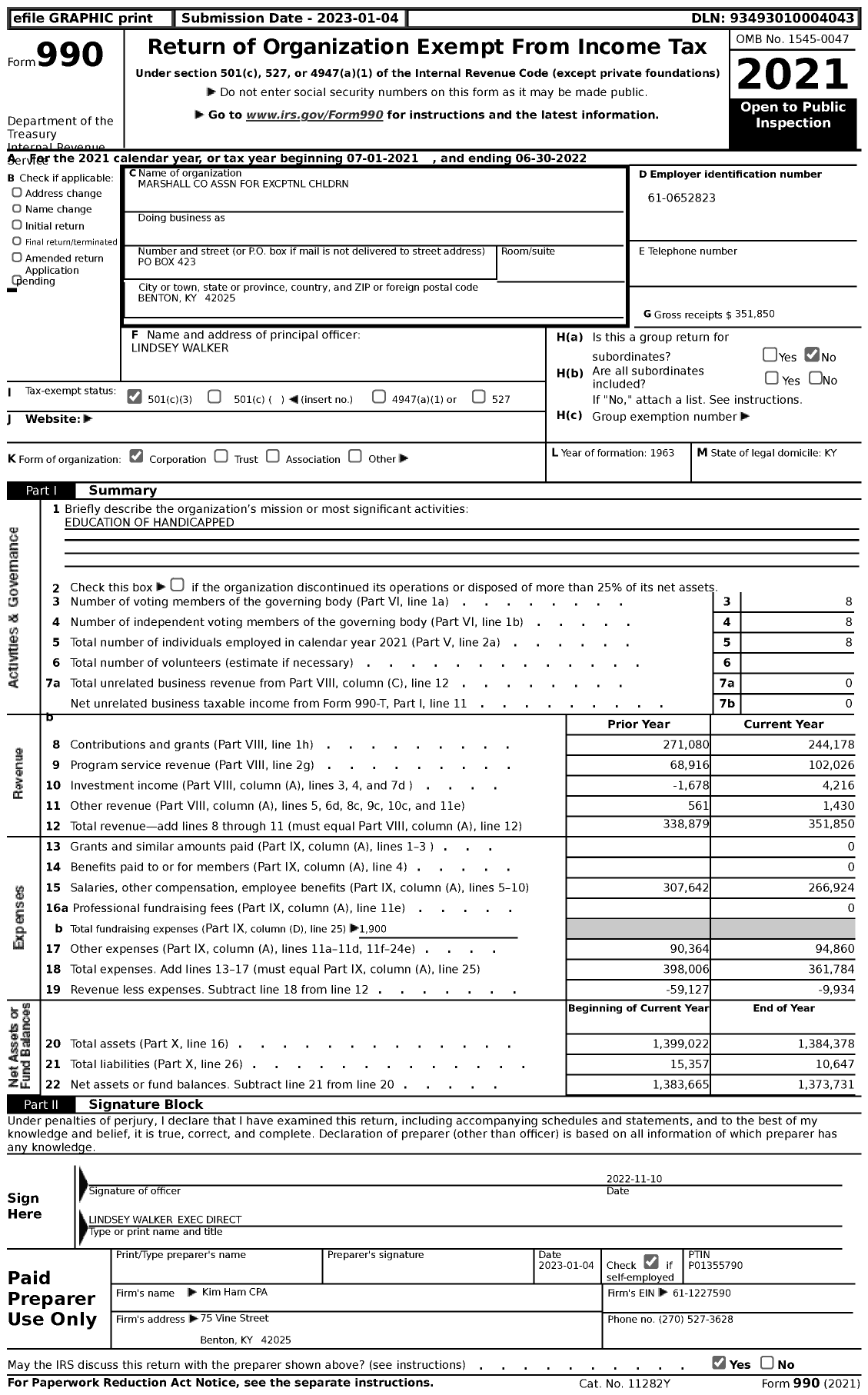Image of first page of 2021 Form 990 for Marshall Association for Excptnl CHLDRN