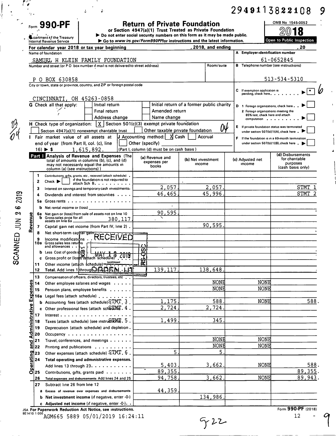 Image of first page of 2018 Form 990PF for Samuel H Klein Family Foundation