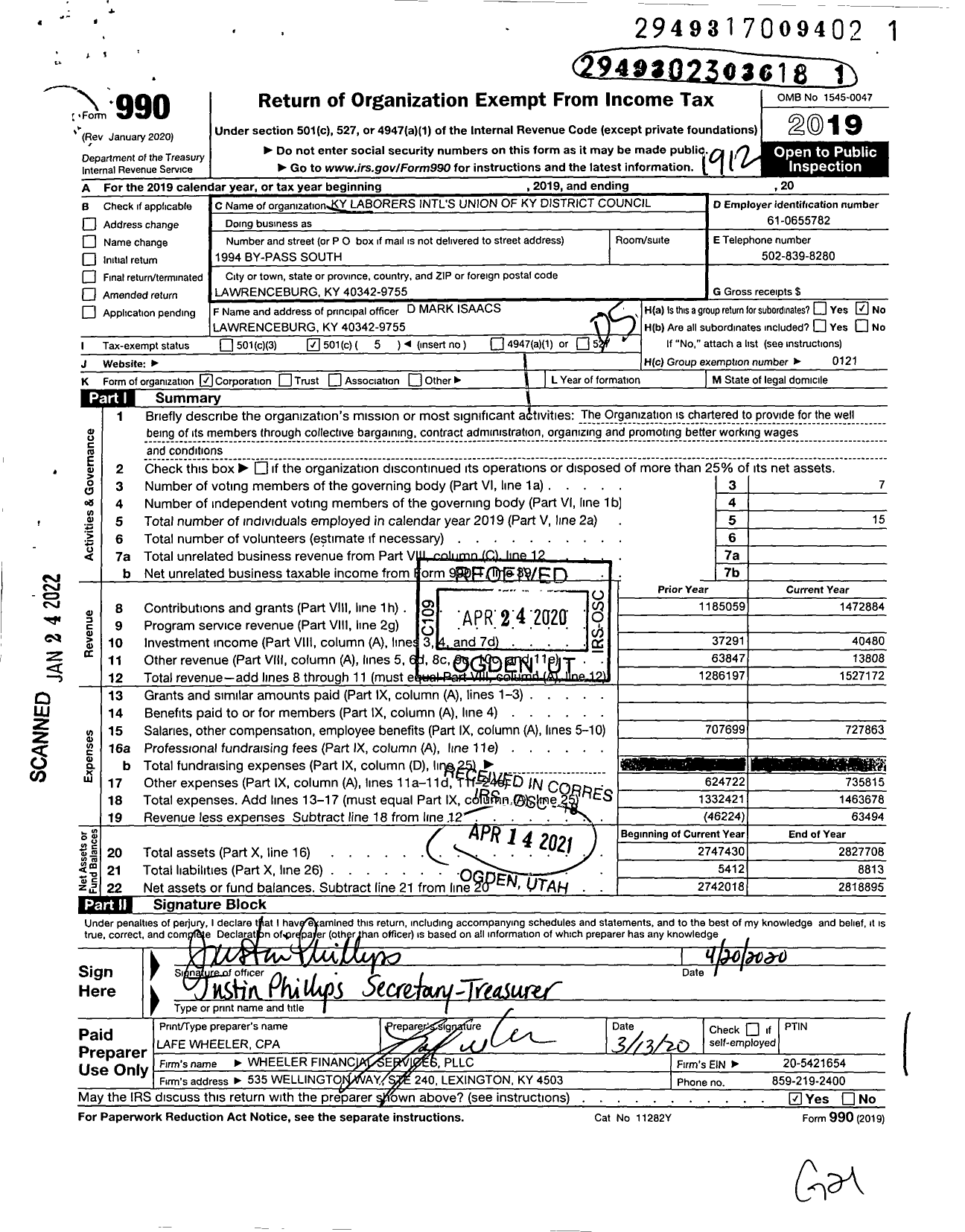 Image of first page of 2019 Form 990O for Laborers' International Union of North America - Kentucky District Council