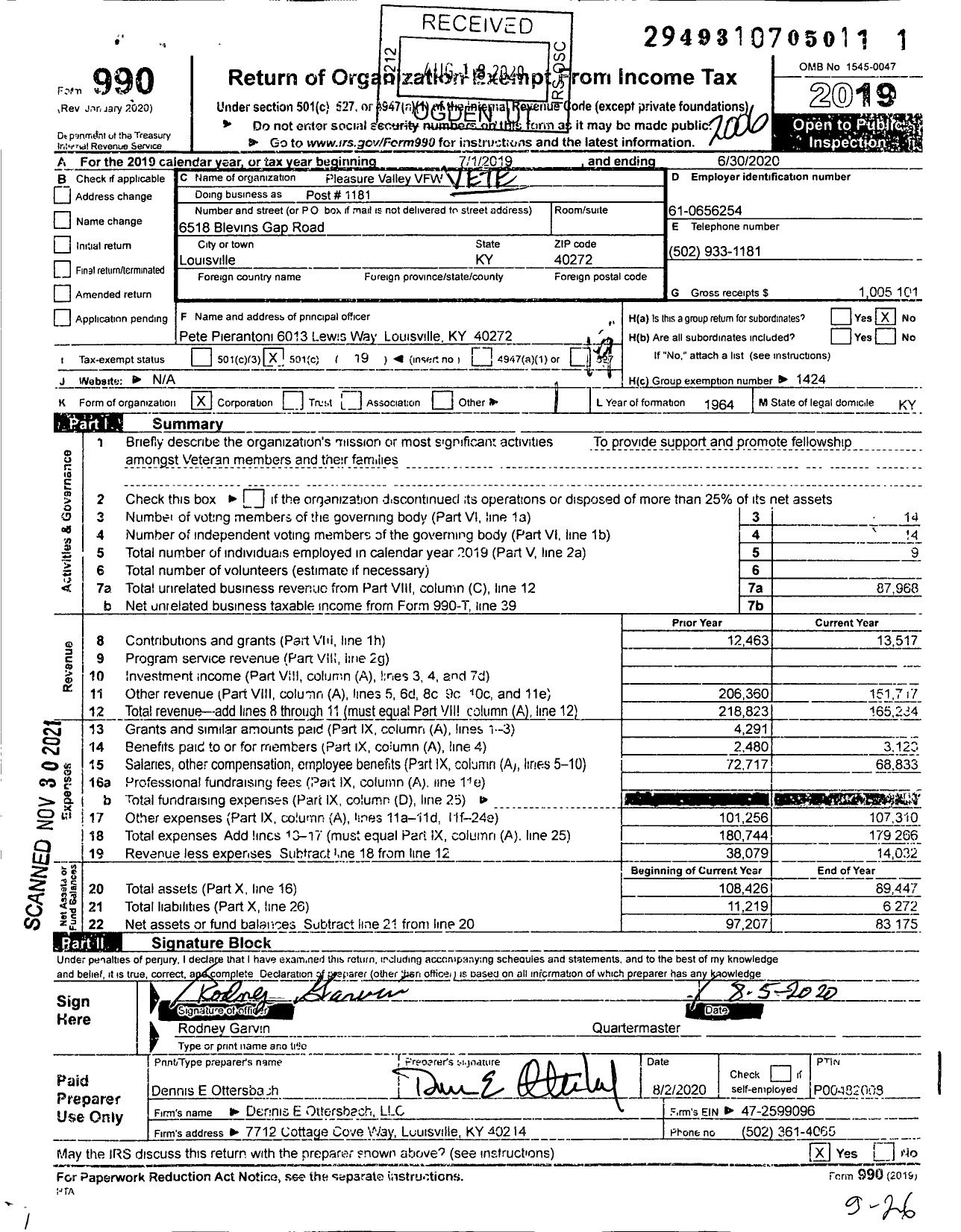 Image of first page of 2019 Form 990O for Pleasure Valley VFW - Post # 1181