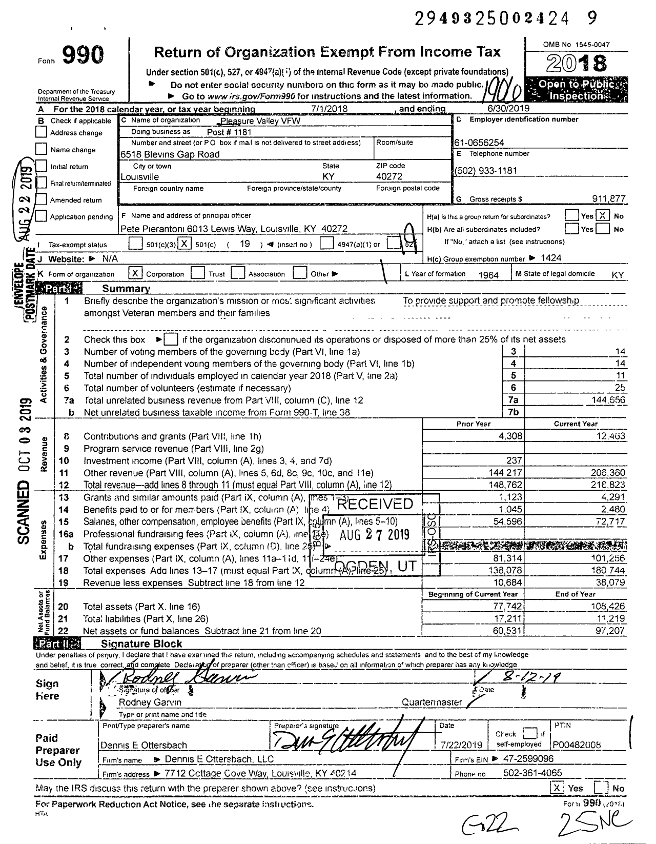 Image of first page of 2018 Form 990O for Pleasure Valley VFW - Post # 1181