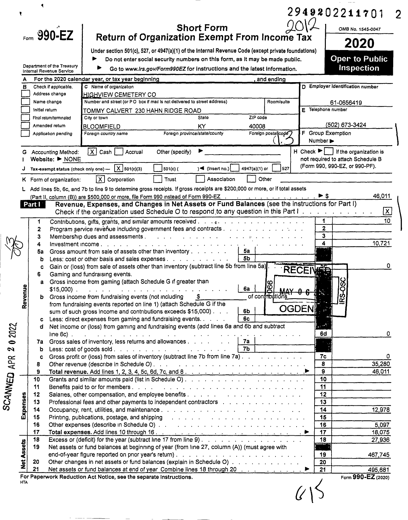 Image of first page of 2020 Form 990EO for Highview Cemetery