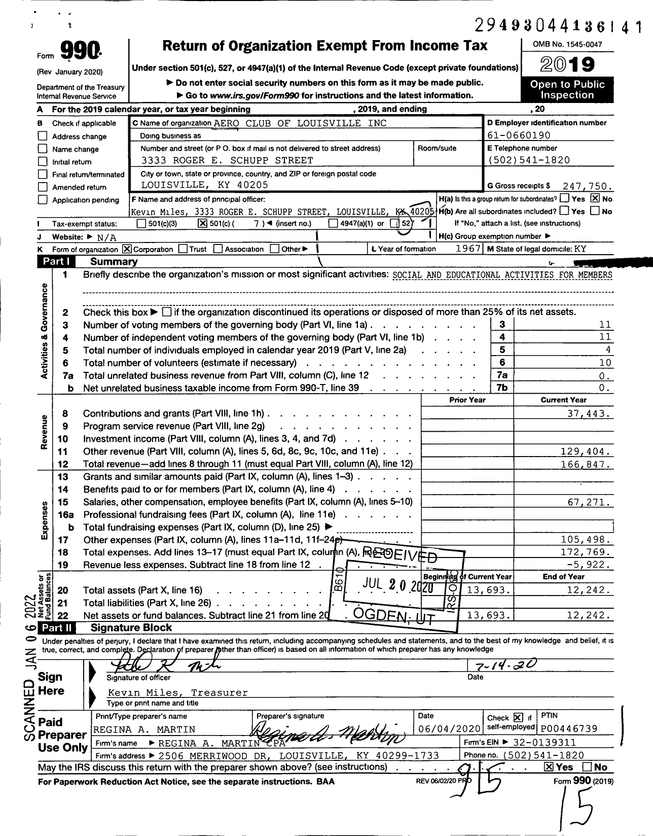 Image of first page of 2019 Form 990O for Aero Club of Louisville