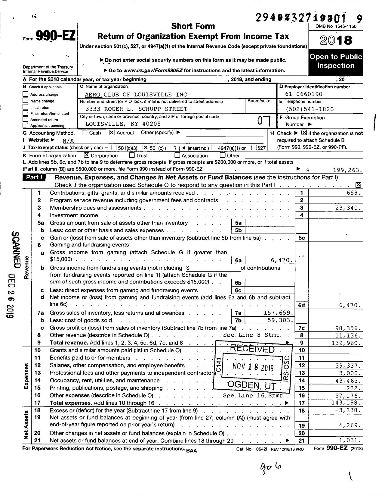 Image of first page of 2018 Form 990EO for Aero Club of Louisville