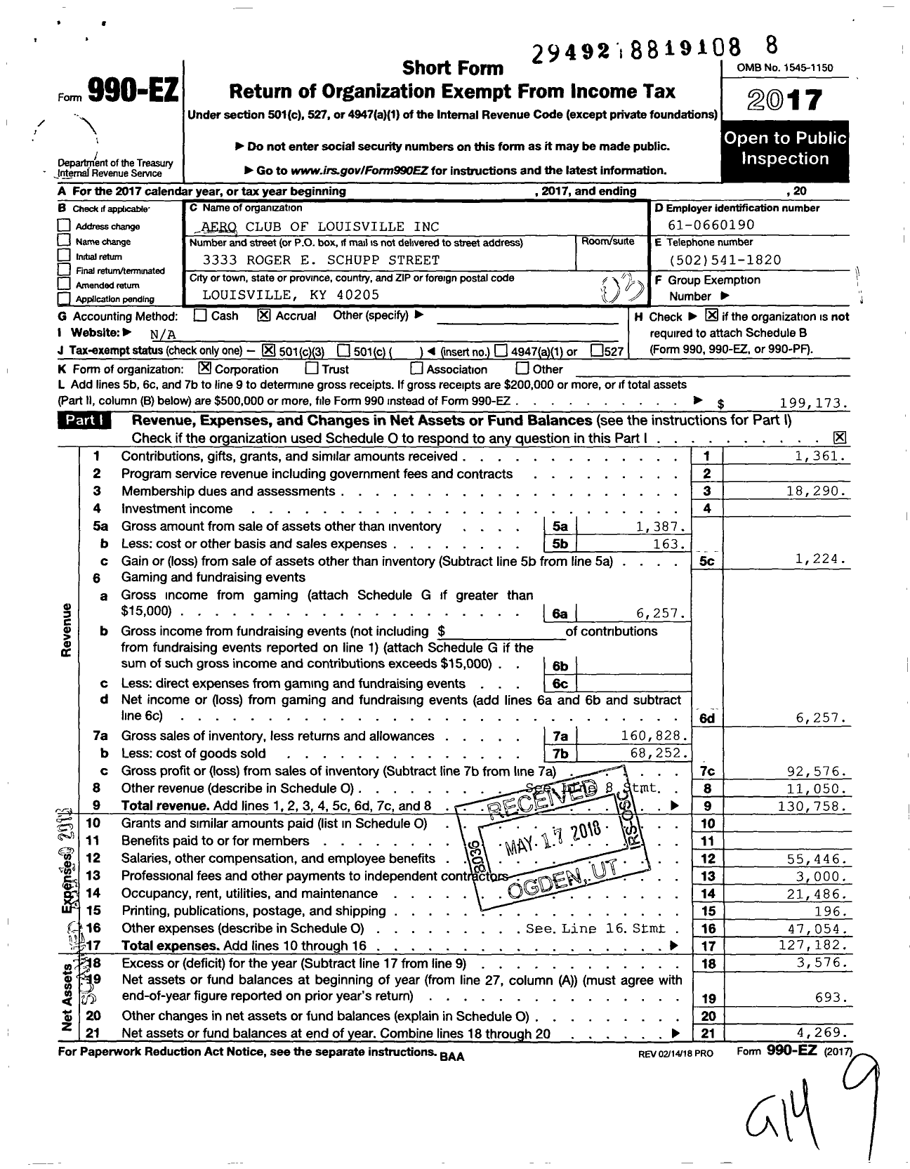 Image of first page of 2017 Form 990EZ for Aero Club of Louisville