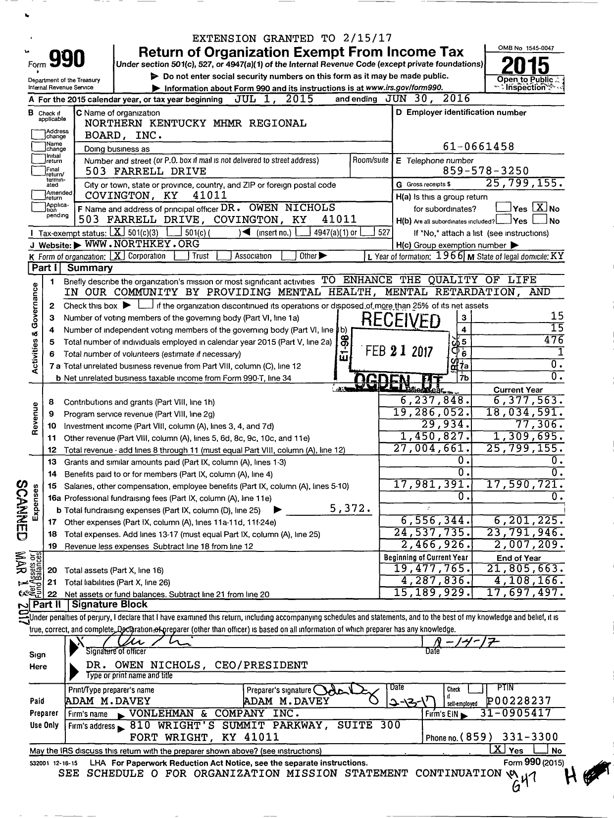 Image of first page of 2015 Form 990 for Northern Key Community Care
