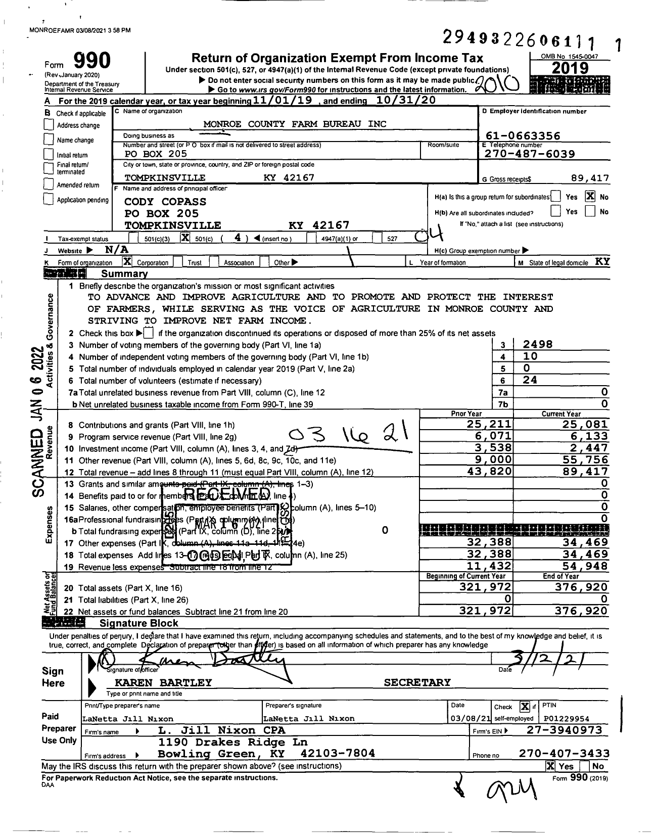 Image of first page of 2019 Form 990O for Kentucky Farm Bureau Federation - Monroe County Farm Bureau