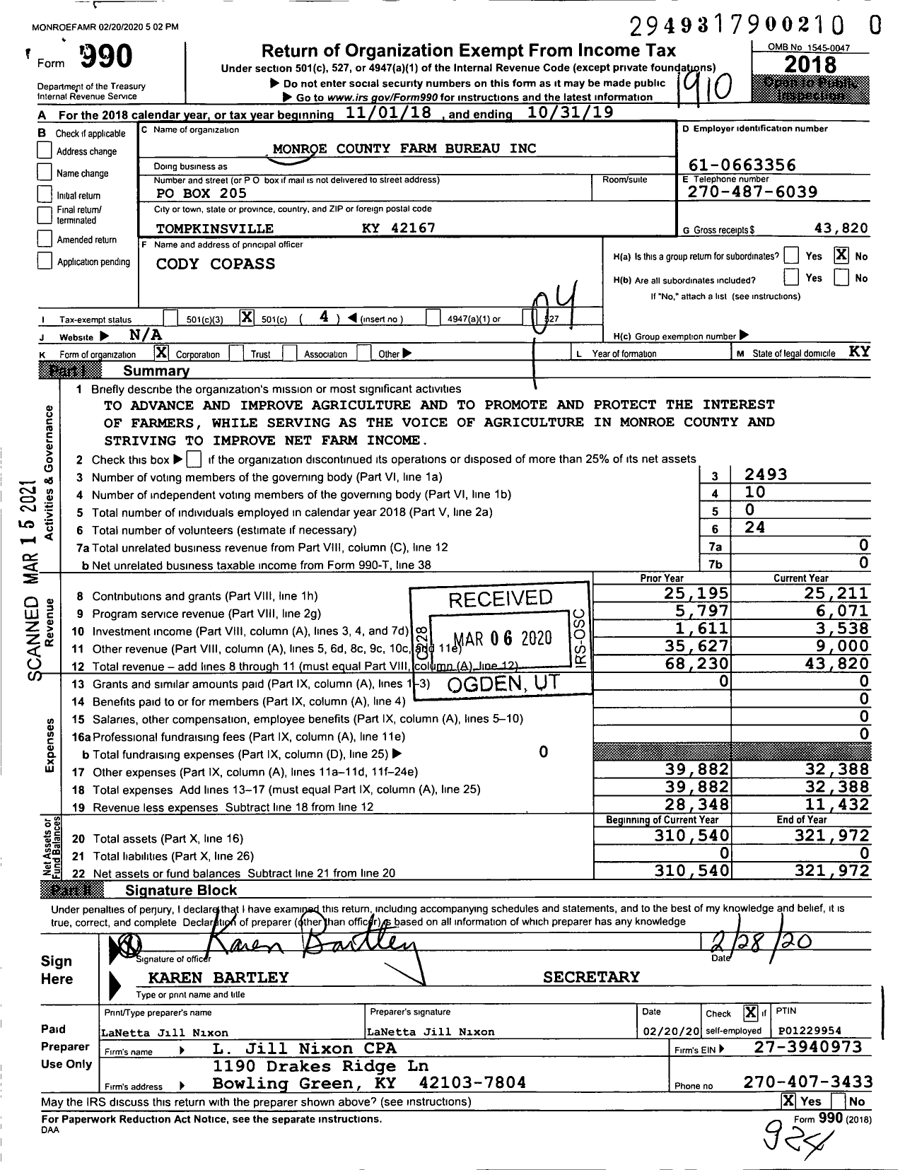 Image of first page of 2018 Form 990O for Kentucky Farm Bureau Federation - Monroe County Farm Bureau