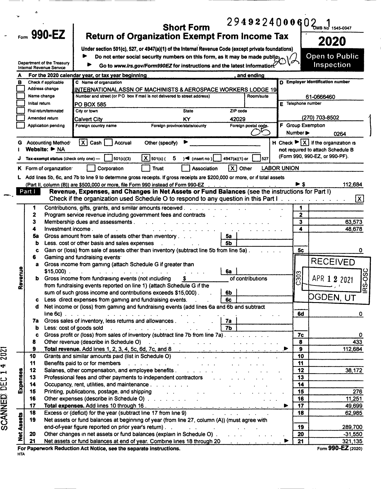 Image of first page of 2020 Form 990EO for International Association of Machinists and Aerospace Workers - 1969