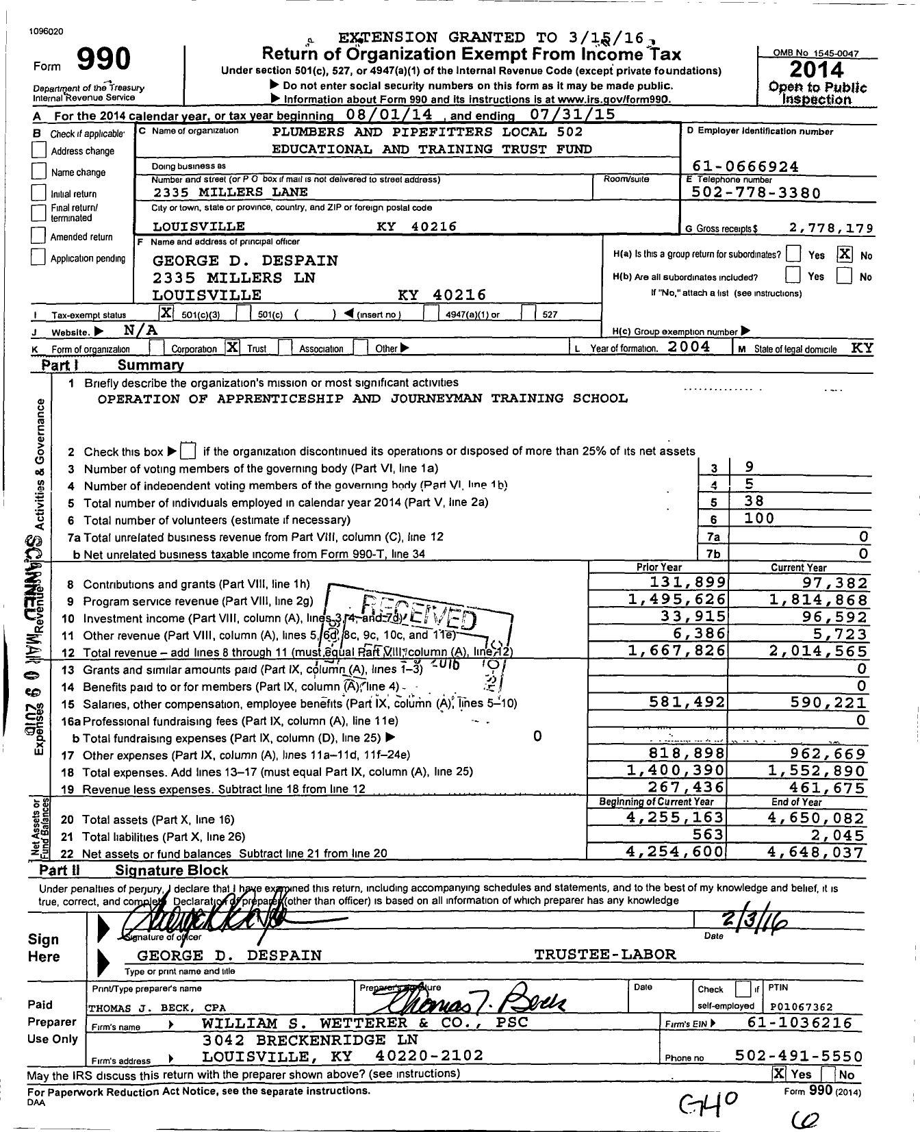 Image of first page of 2014 Form 990 for Joint Education and Training Fund