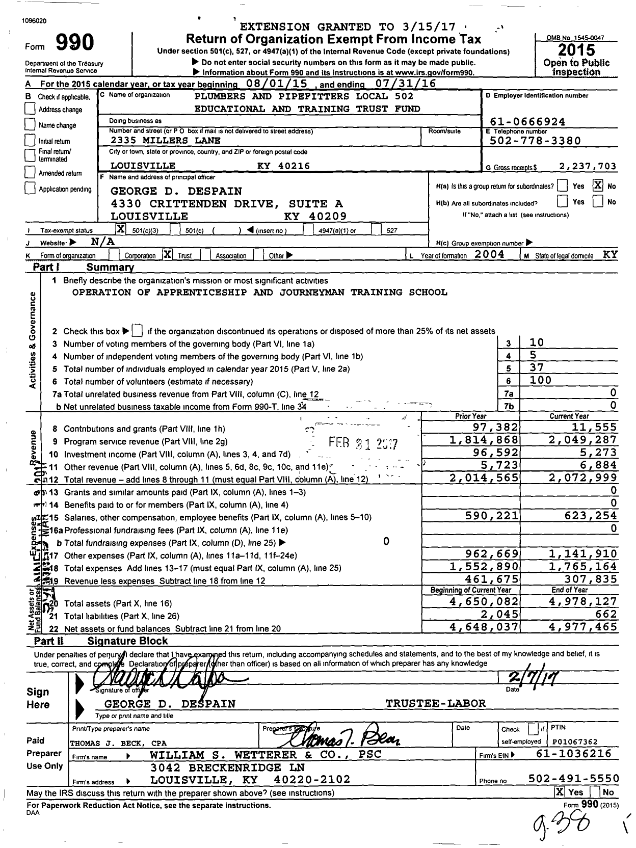 Image of first page of 2015 Form 990 for Joint Education and Training Fund