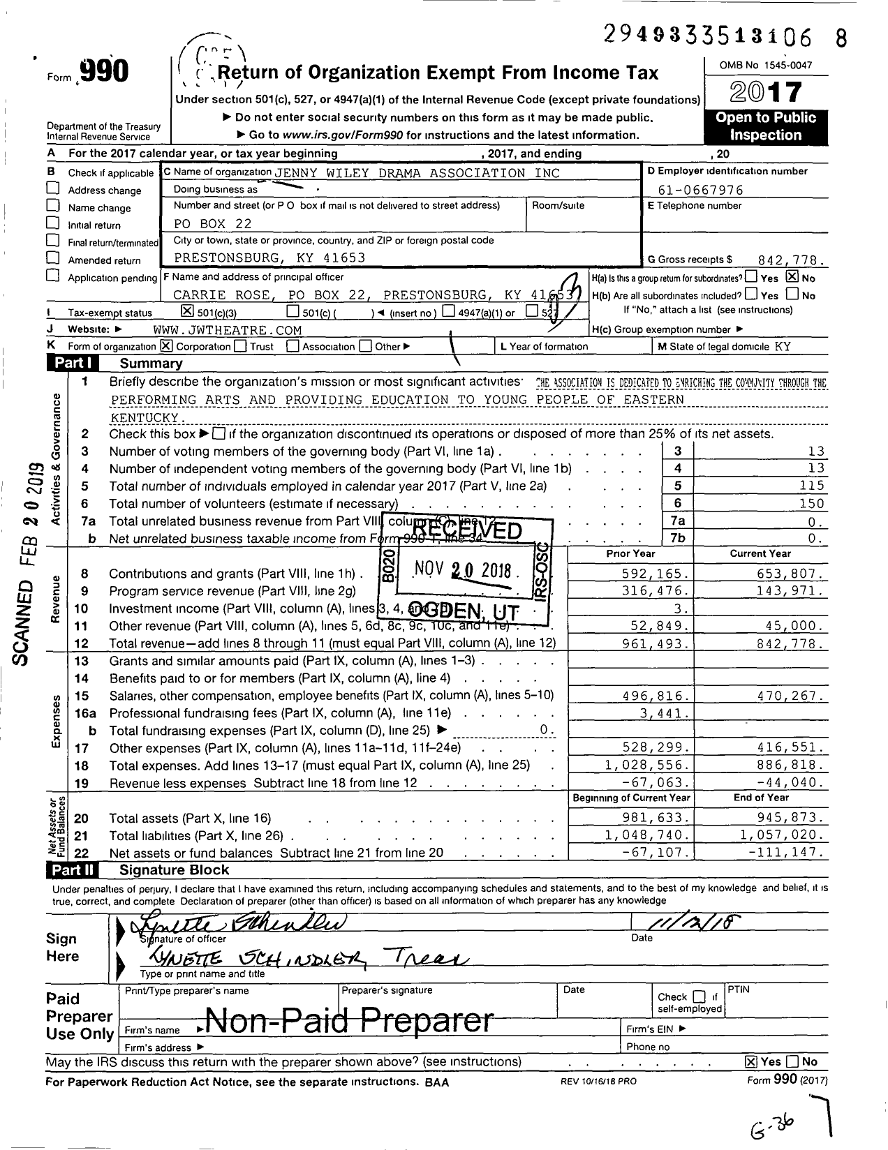 Image of first page of 2017 Form 990 for Jenny Wiley Drama Association Incorporated