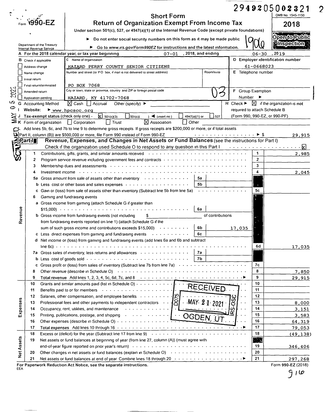 Image of first page of 2018 Form 990EZ for Hazard Perry County Senior Citizens