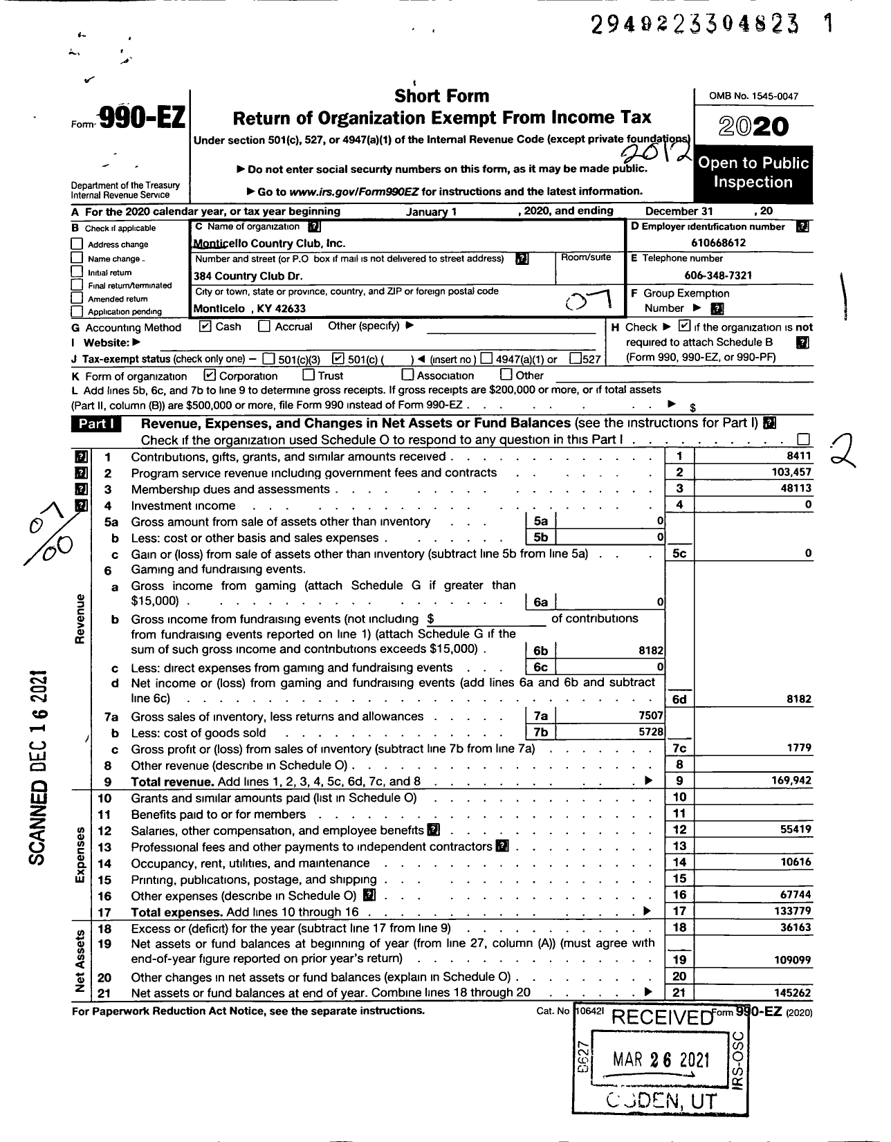 Image of first page of 2020 Form 990EO for Monticello Country Club