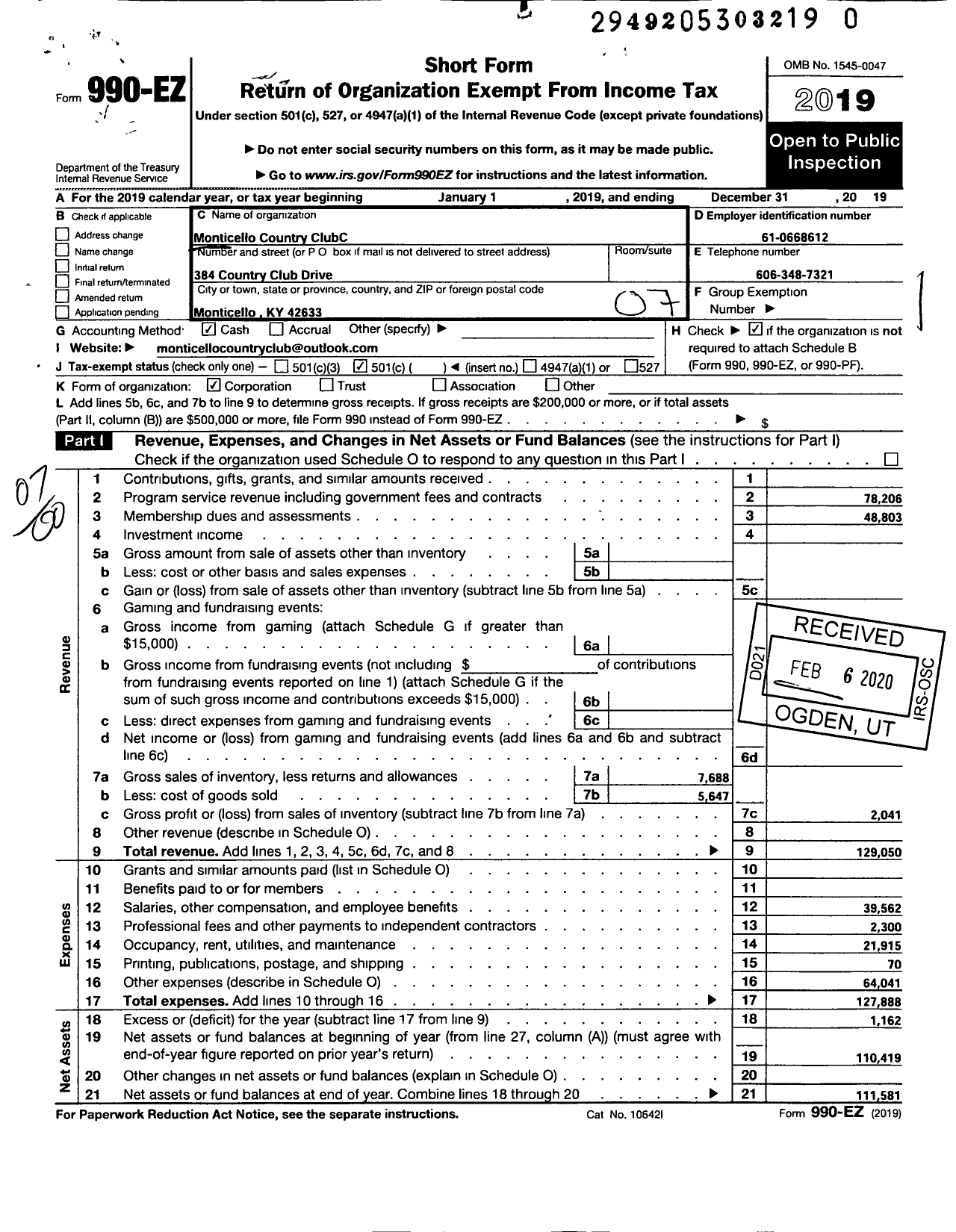 Image of first page of 2019 Form 990EO for Monticello Country Club