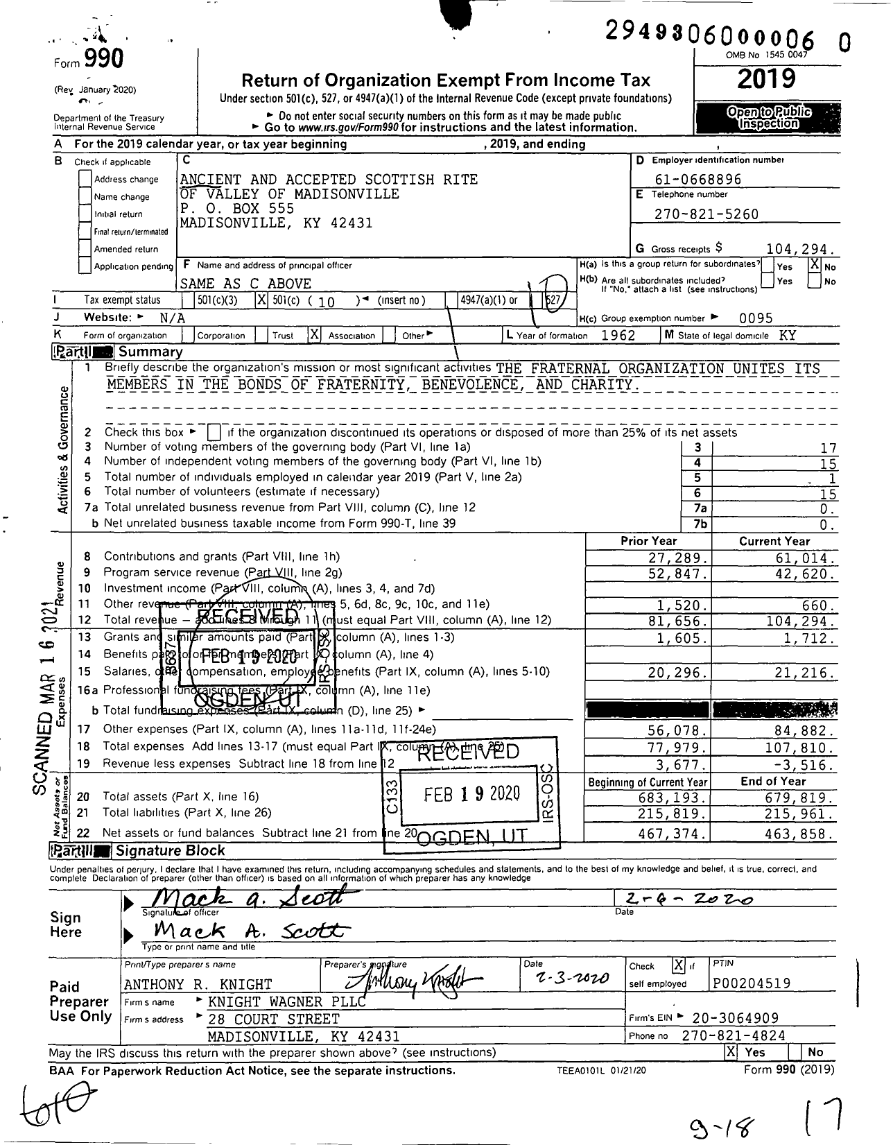 Image of first page of 2019 Form 990O for Scottish Rite of Freemasonry Southern Jurisdiction - Valley of Madisonville & Coord Bodi