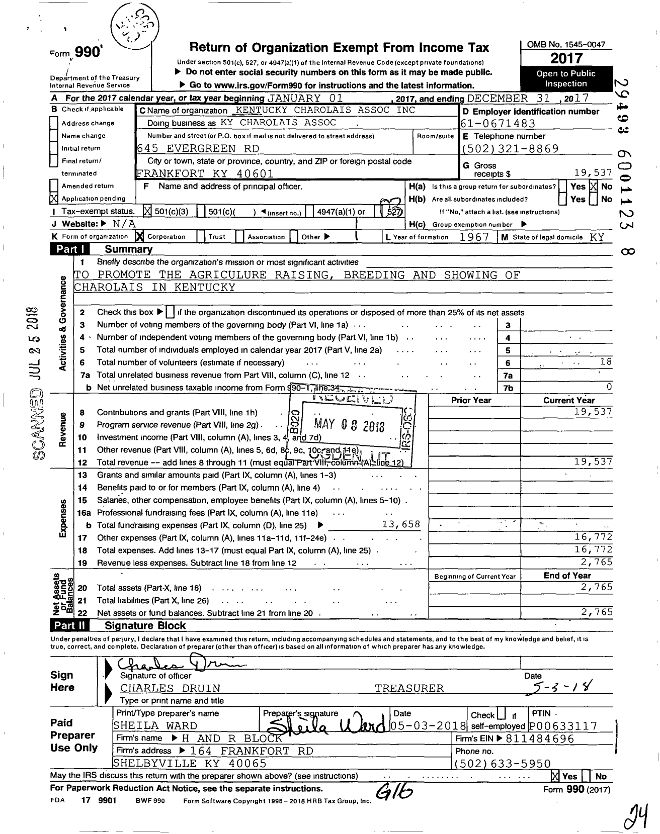 Image of first page of 2017 Form 990 for Kentucky Charolais Association