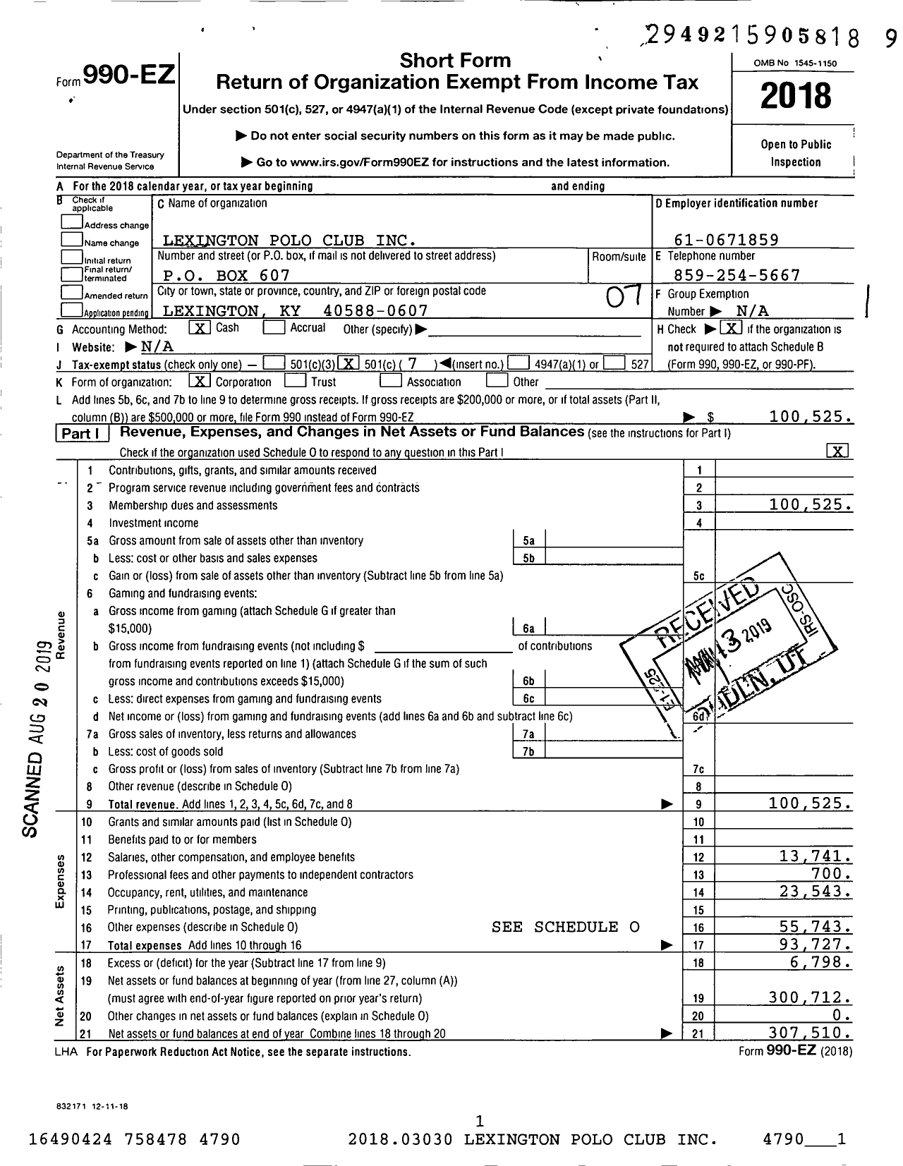 Image of first page of 2018 Form 990EO for Lexington Polo Club