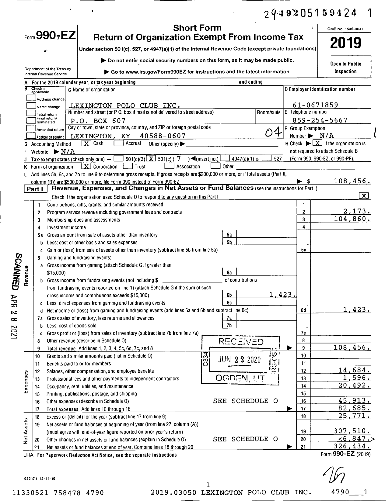 Image of first page of 2019 Form 990EO for Lexington Polo Club