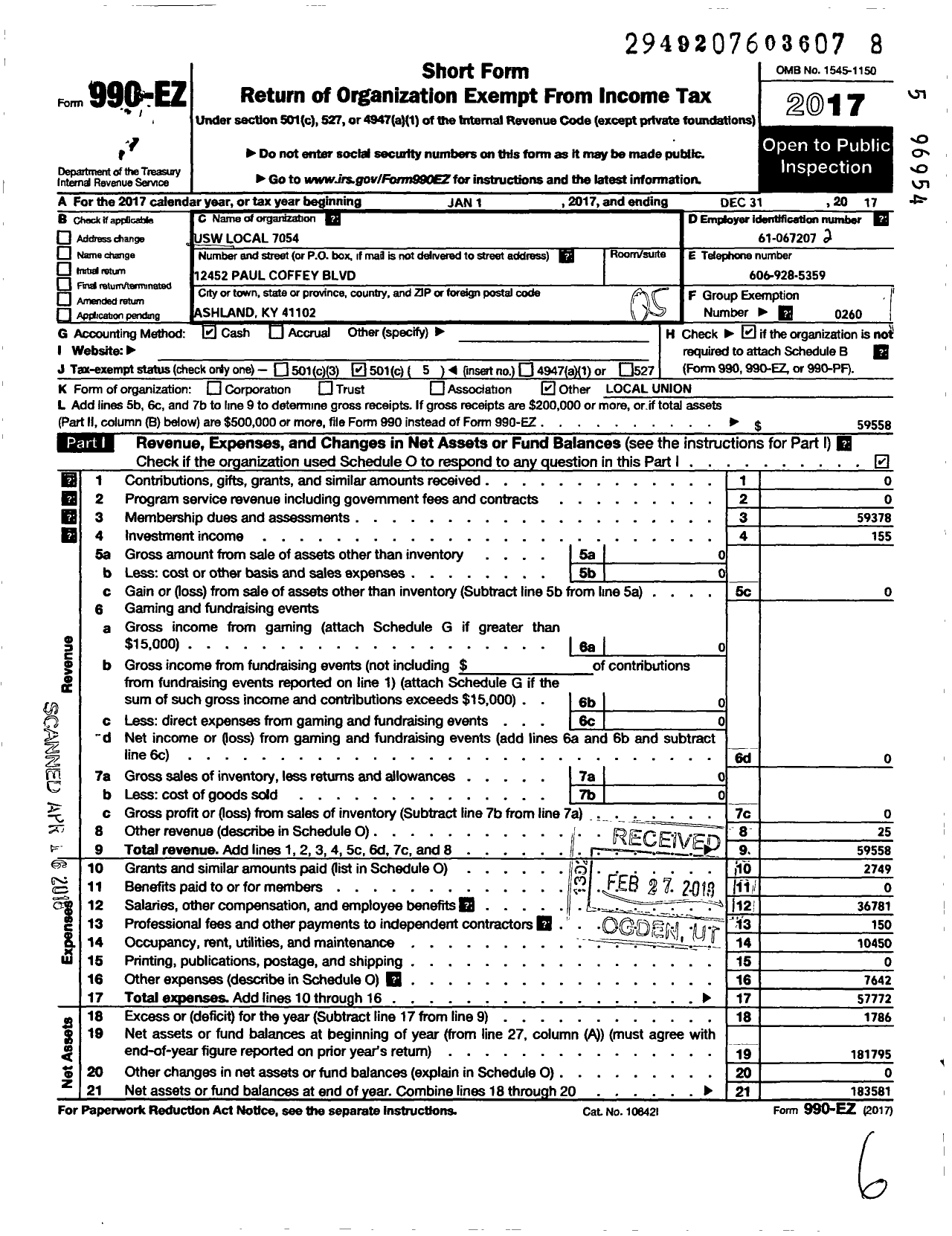 Image of first page of 2017 Form 990EO for United Steelworkers - USW Local 7054