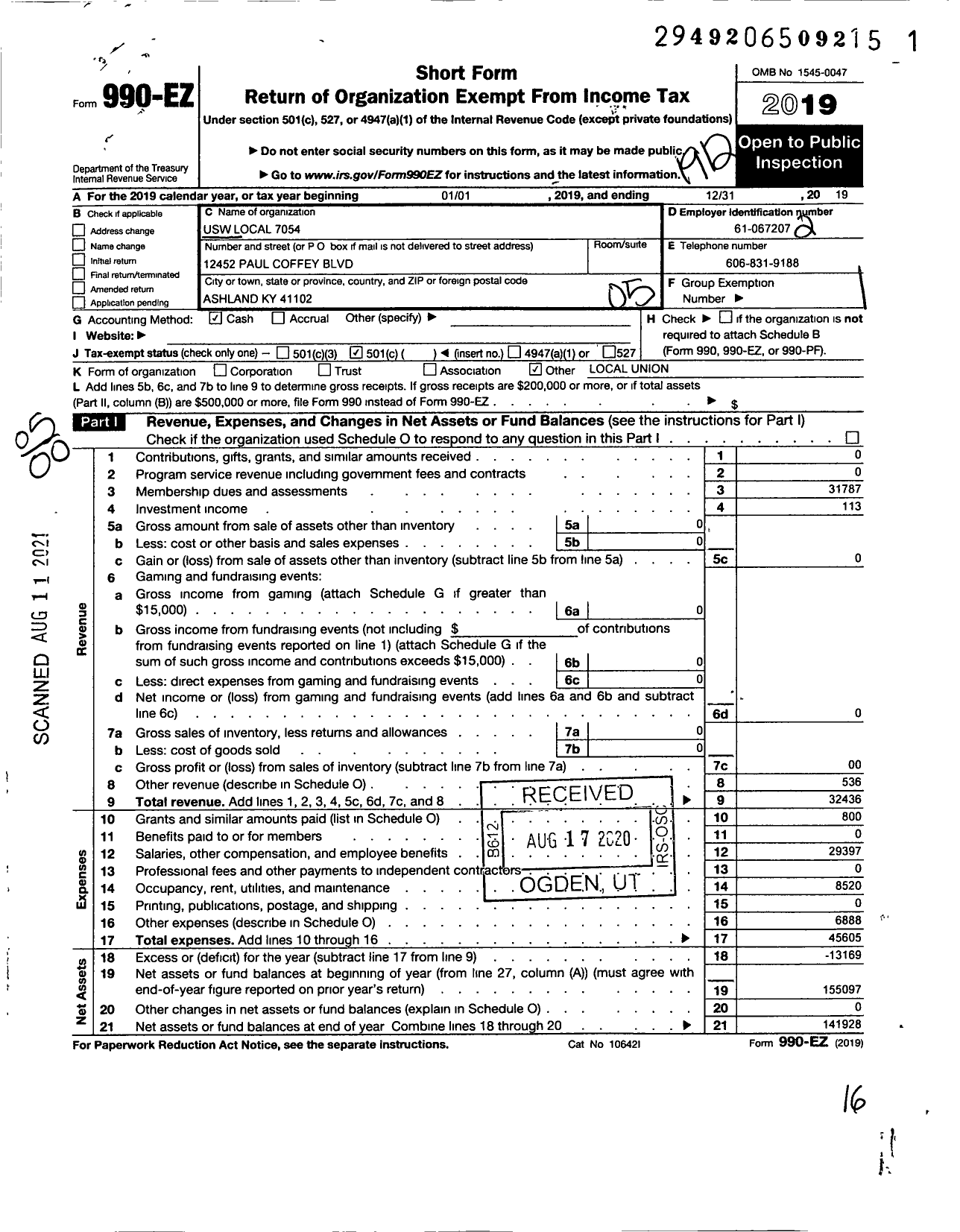 Image of first page of 2019 Form 990EO for United Steelworkers - USW Local 7054