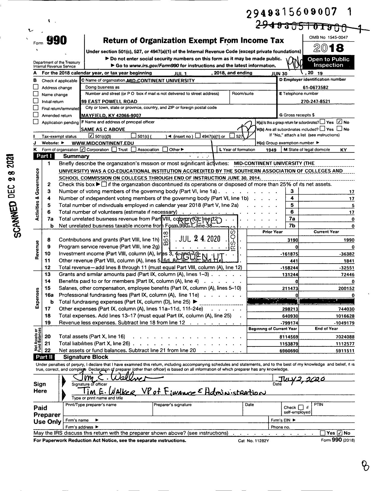Image of first page of 2018 Form 990 for Mid-Continent University