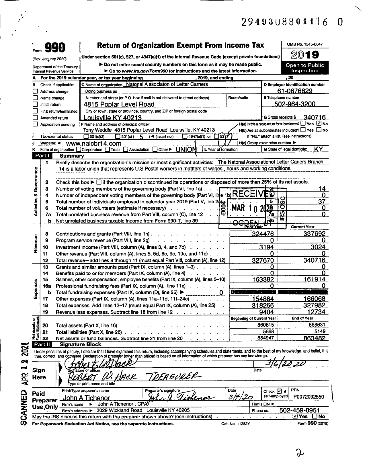 Image of first page of 2019 Form 990O for National Association of Letter Carriers - 14 Louisville Kentucky