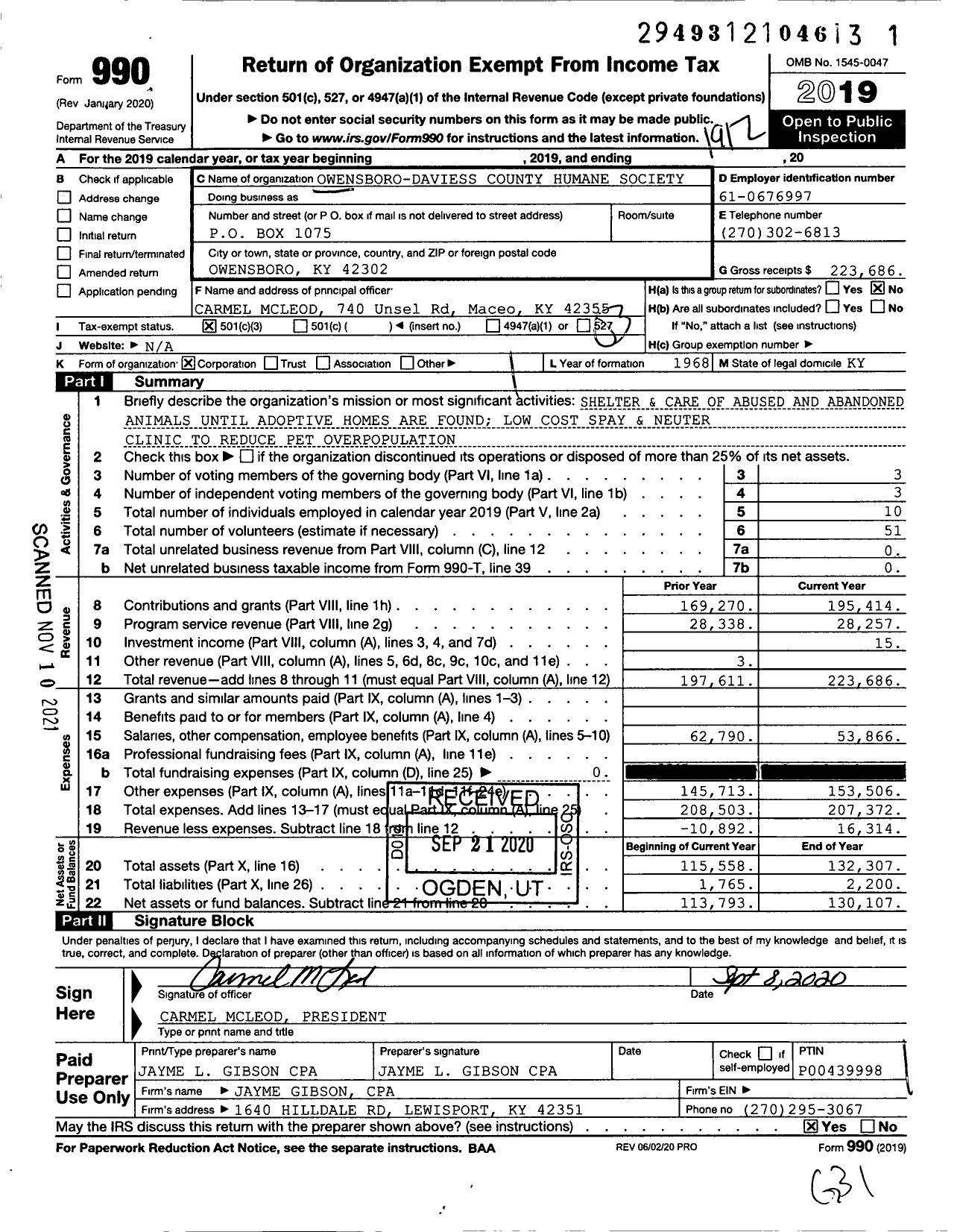 Image of first page of 2019 Form 990 for Owensboro-Daviess County Humane Society