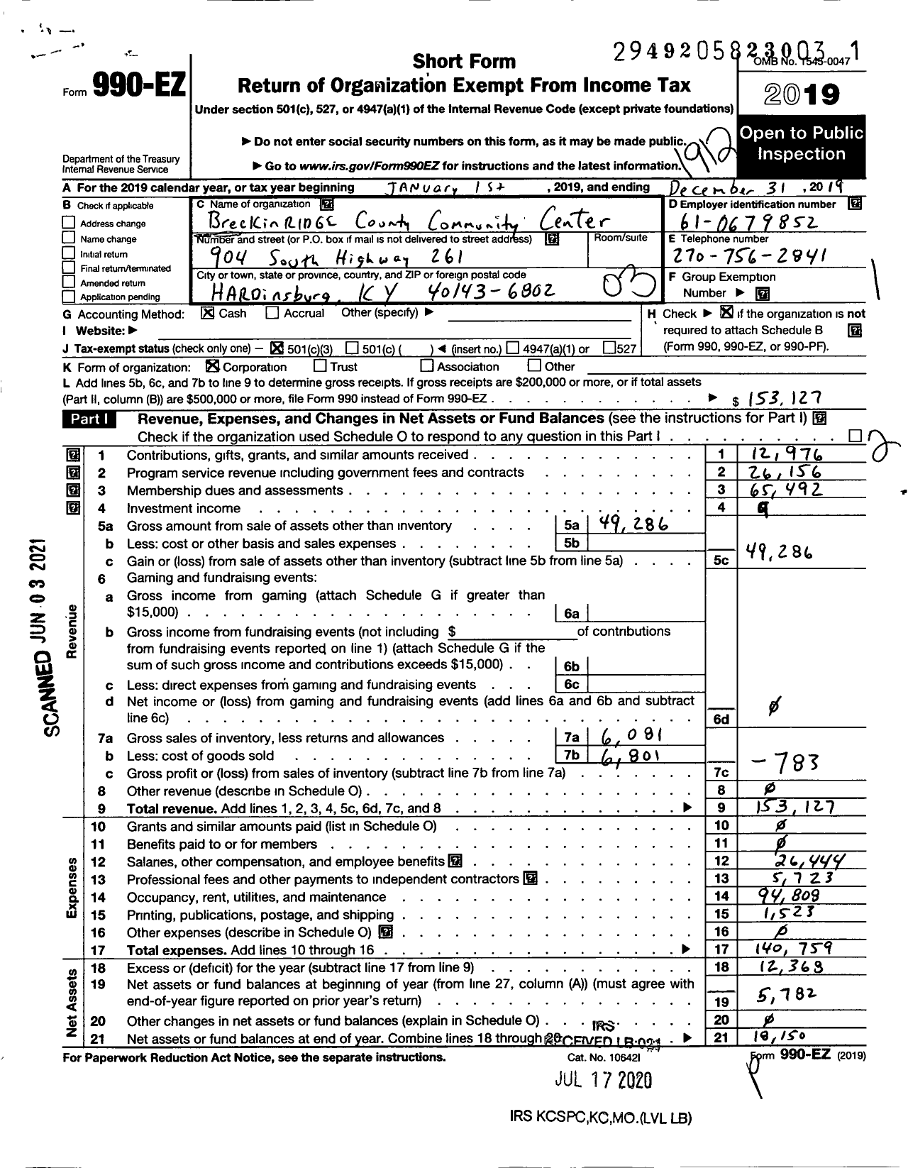 Image of first page of 2019 Form 990EZ for Breckinridge County Community Center