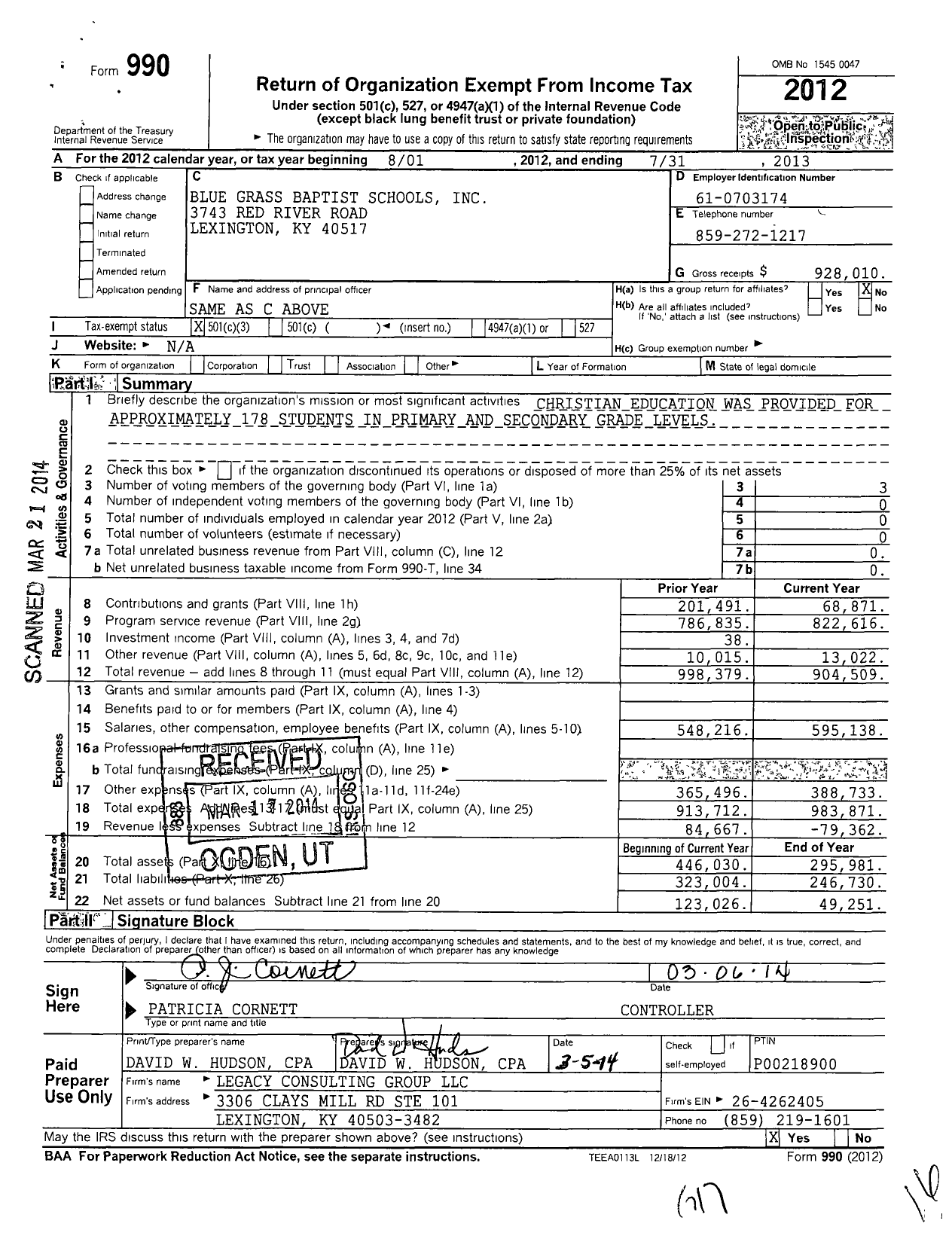 Image of first page of 2012 Form 990 for Blue Grass Baptist Schools