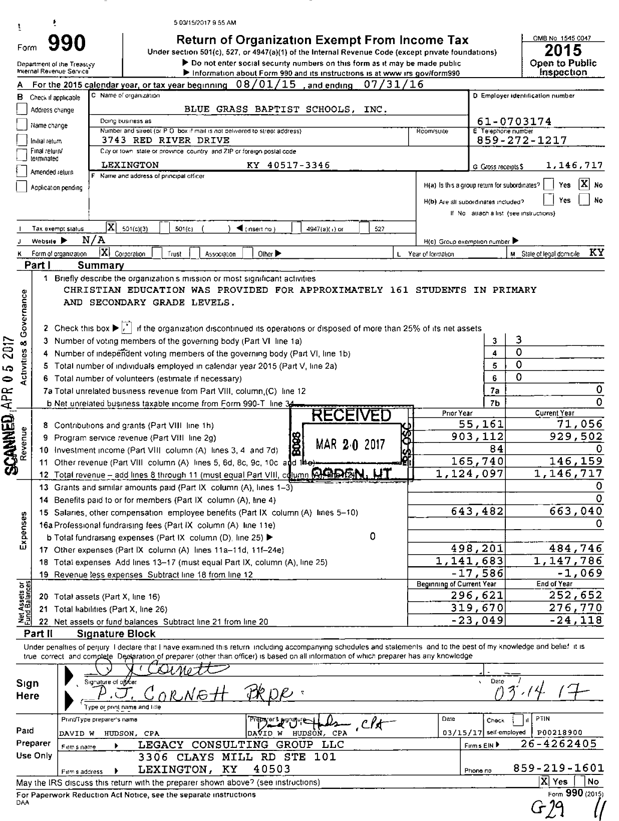 Image of first page of 2015 Form 990 for Blue Grass Baptist Schools