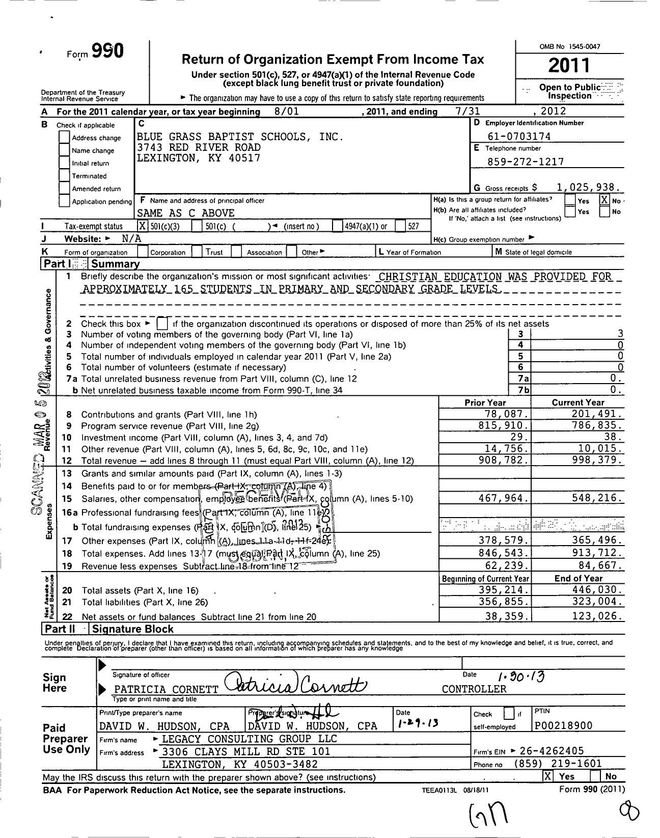 Image of first page of 2011 Form 990 for Blue Grass Baptist Schools