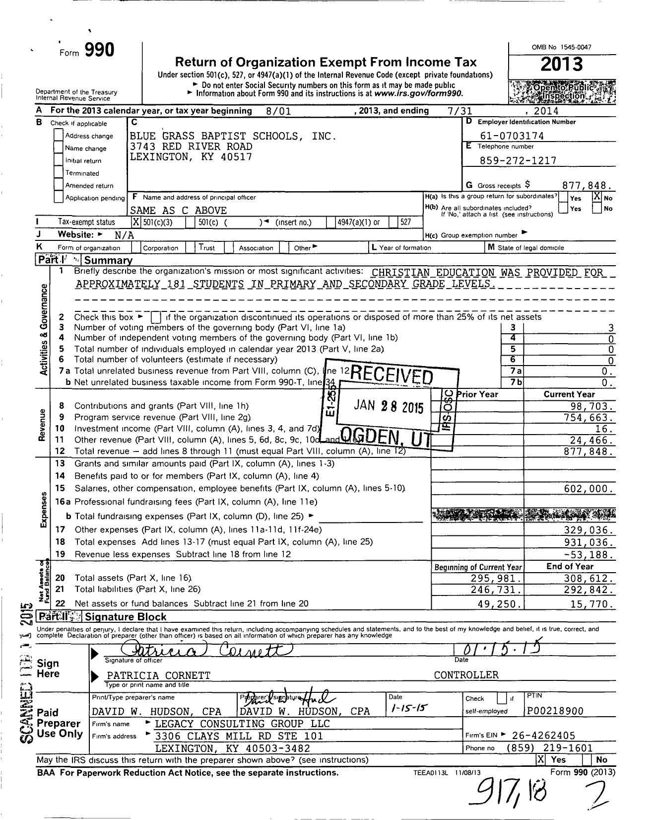 Image of first page of 2013 Form 990 for Blue Grass Baptist Schools