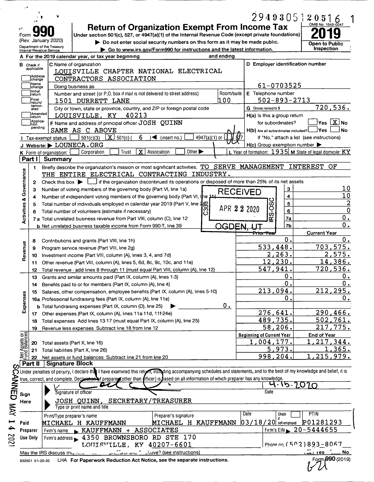 Image of first page of 2019 Form 990O for Louisville Chapter National Electrical Contractors Association