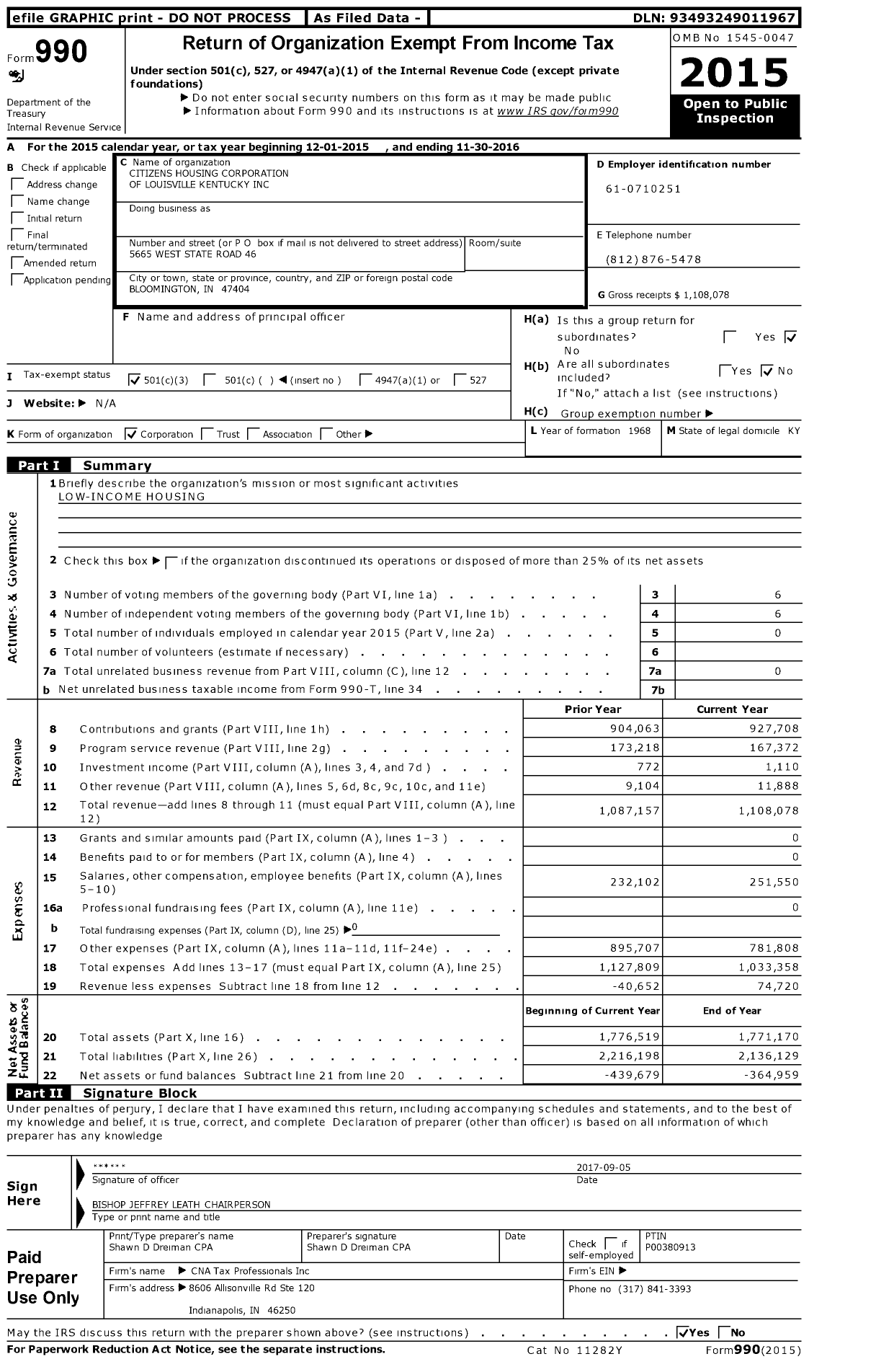 Image of first page of 2015 Form 990 for Citizens Housing Corporation of Louisville Kentucky