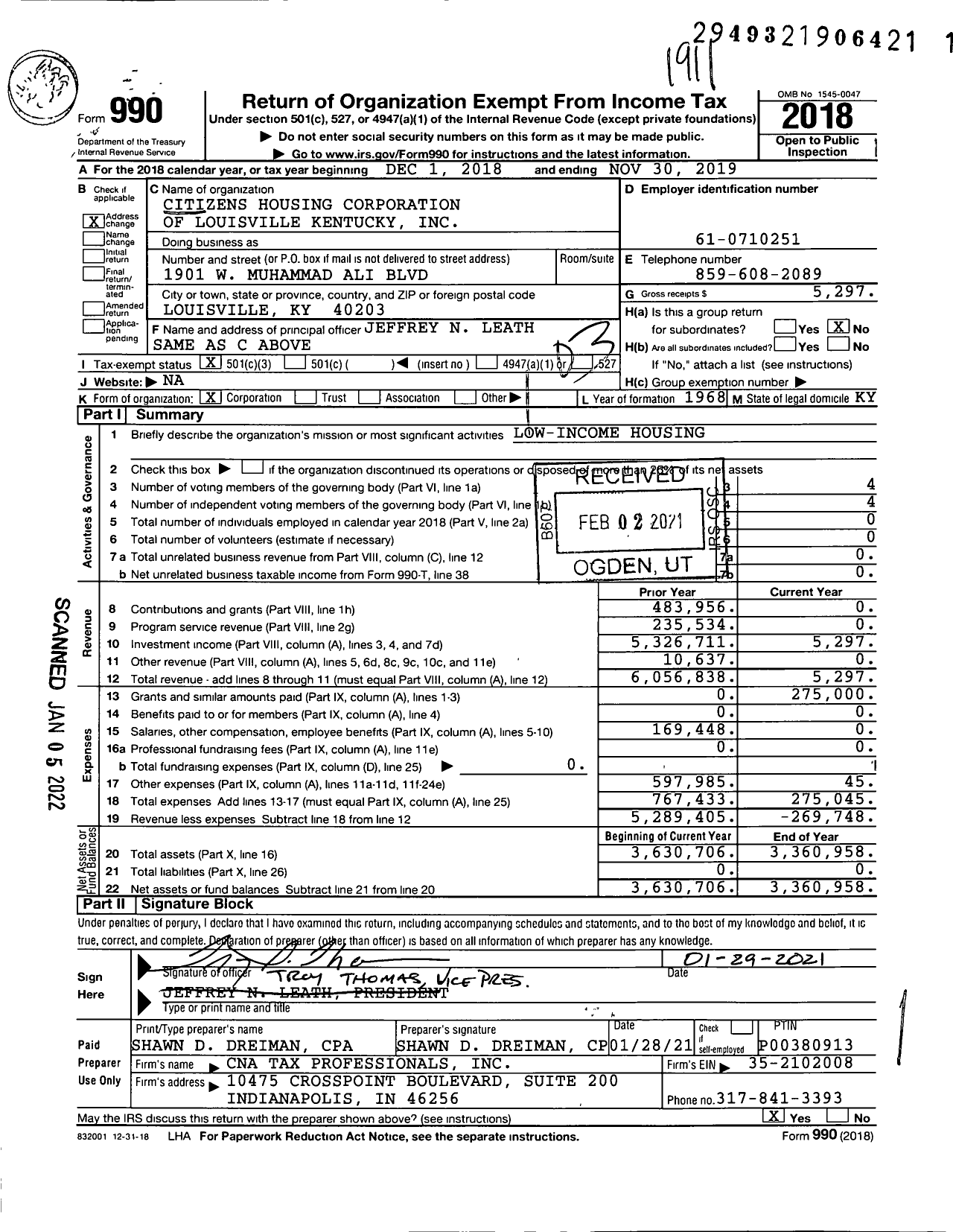 Image of first page of 2018 Form 990 for Citizens Housing Corporation of Louisville Kentucky