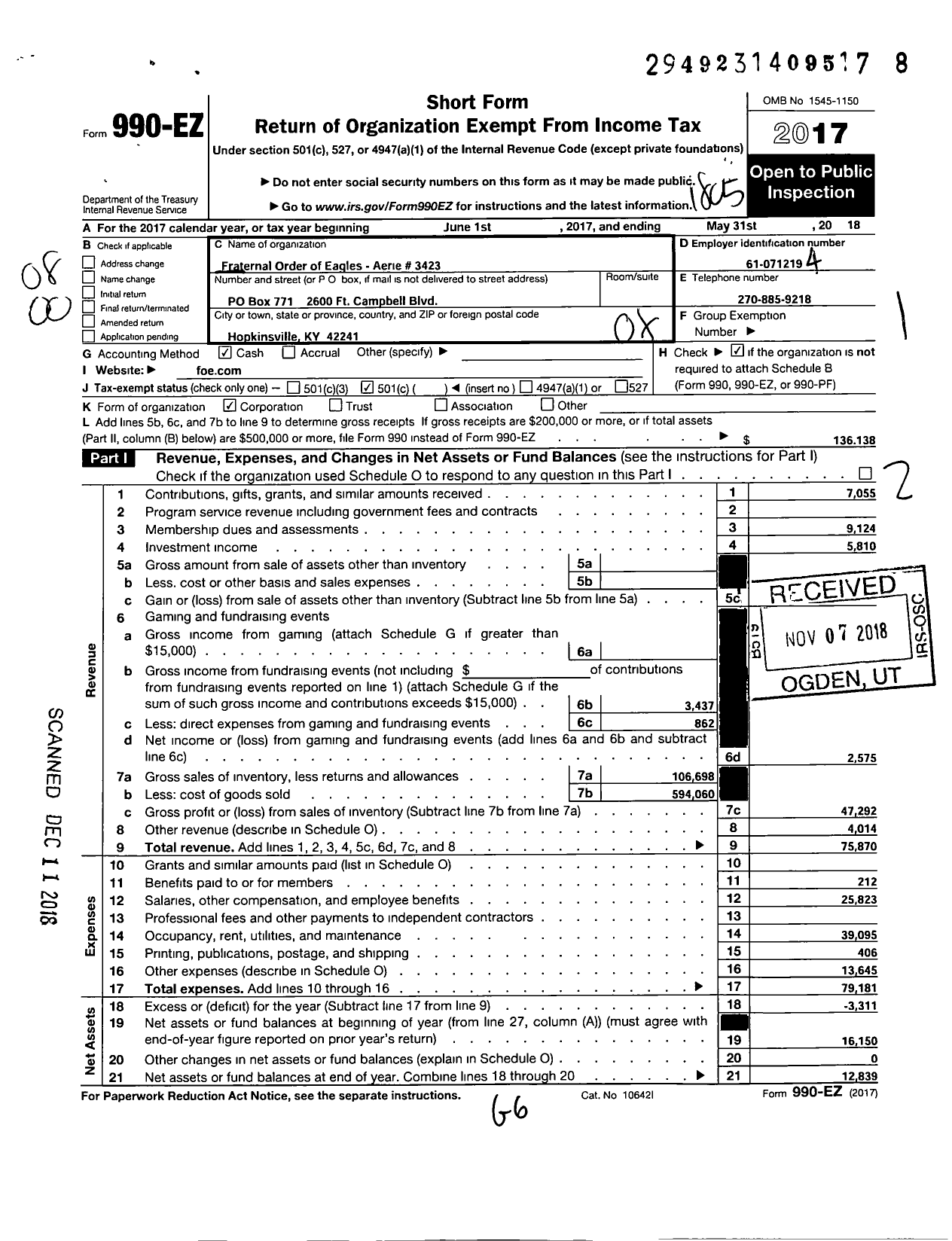 Image of first page of 2017 Form 990EO for Fraternal Order of Eagles - 3423 Aerie