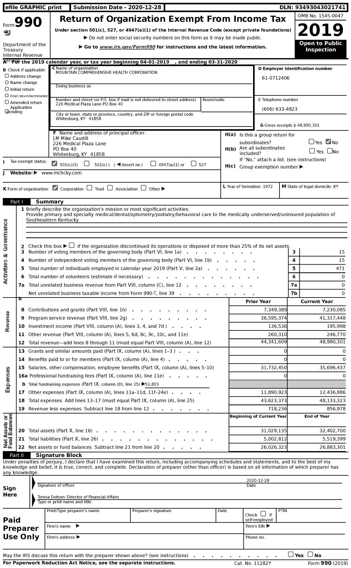 Image of first page of 2019 Form 990 for Mountain Comprehensive Health Corporation