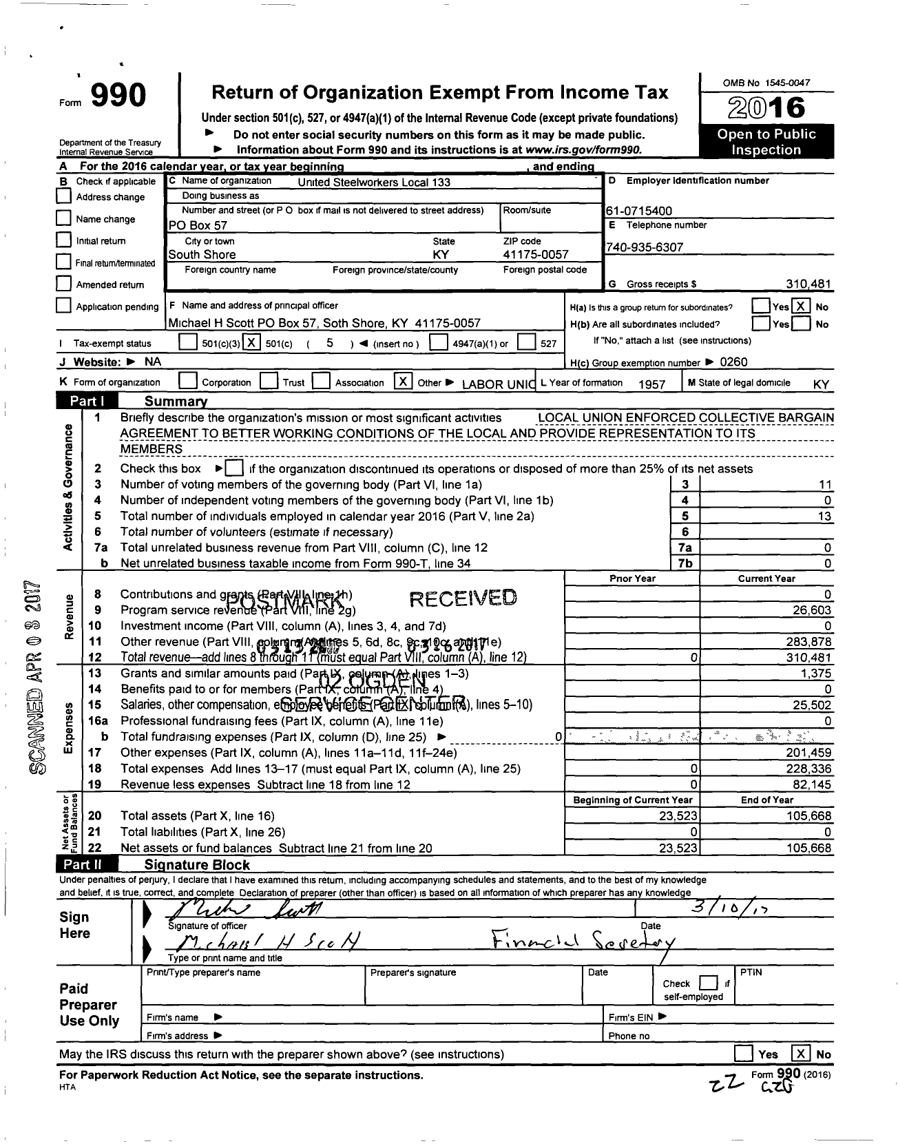 Image of first page of 2016 Form 990O for United Steelworkers - 00133 Local