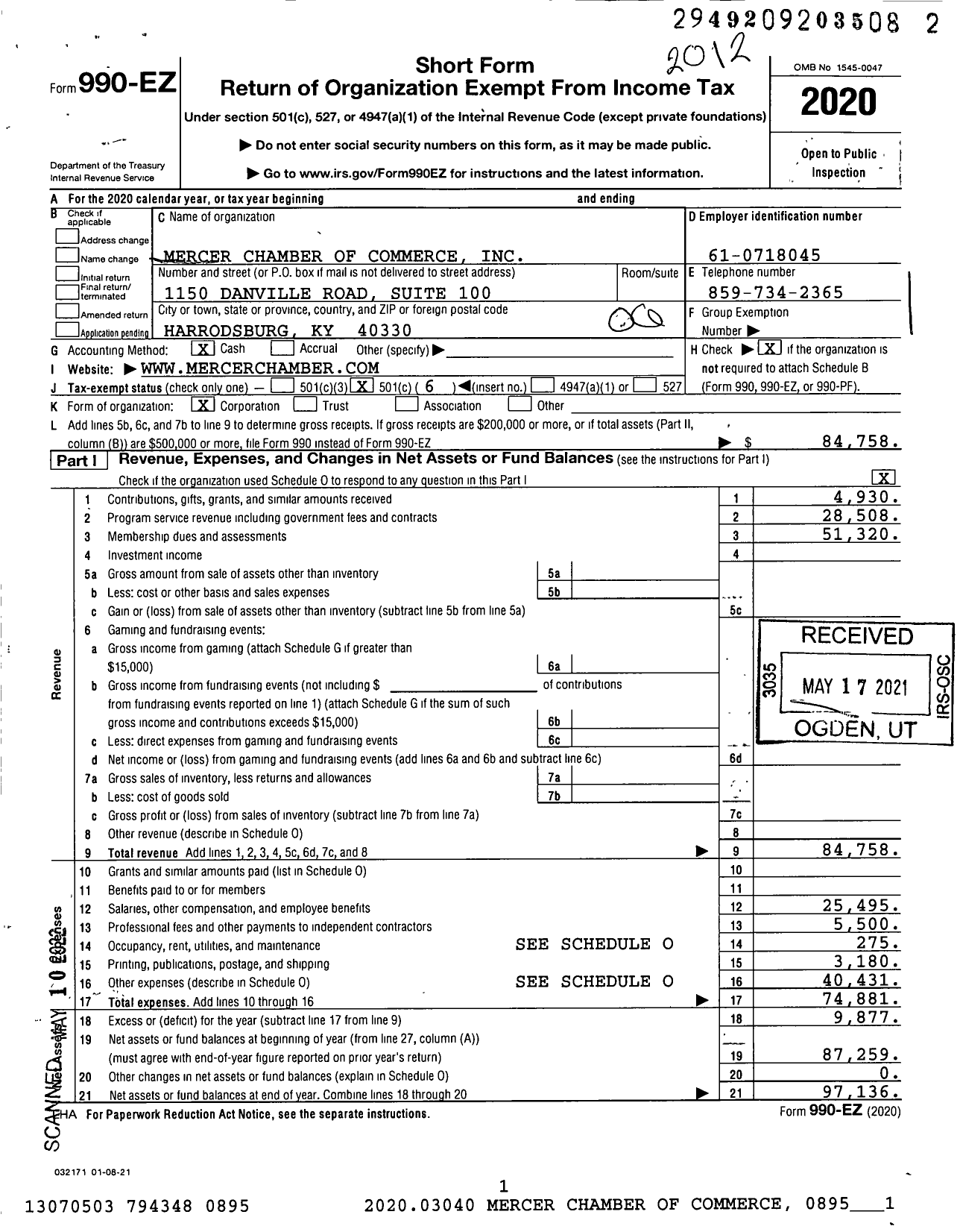 Image of first page of 2020 Form 990EO for Mercer Chamber of Commerce