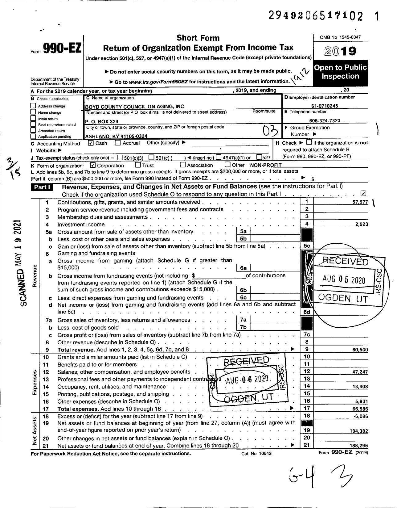 Image of first page of 2019 Form 990EZ for Boyd County Council on Aging