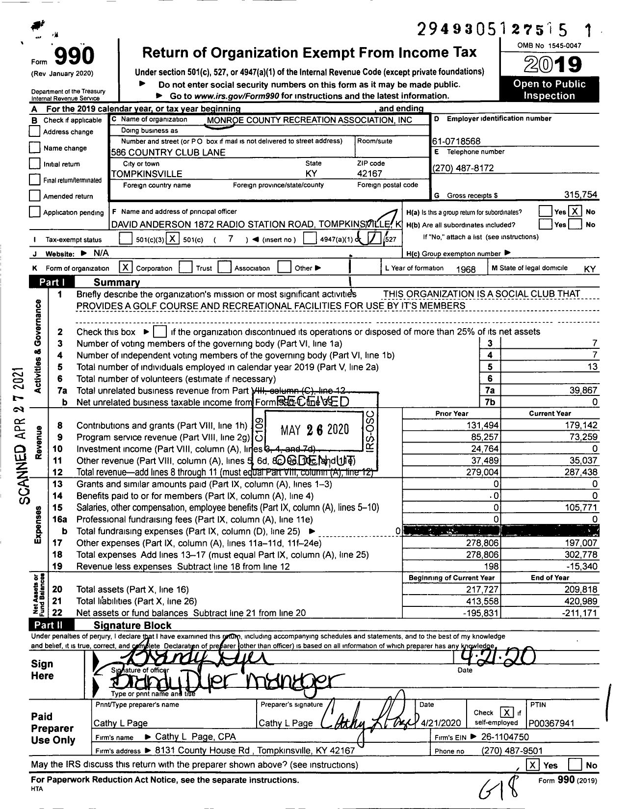 Image of first page of 2019 Form 990O for Monroe County Recreation Association