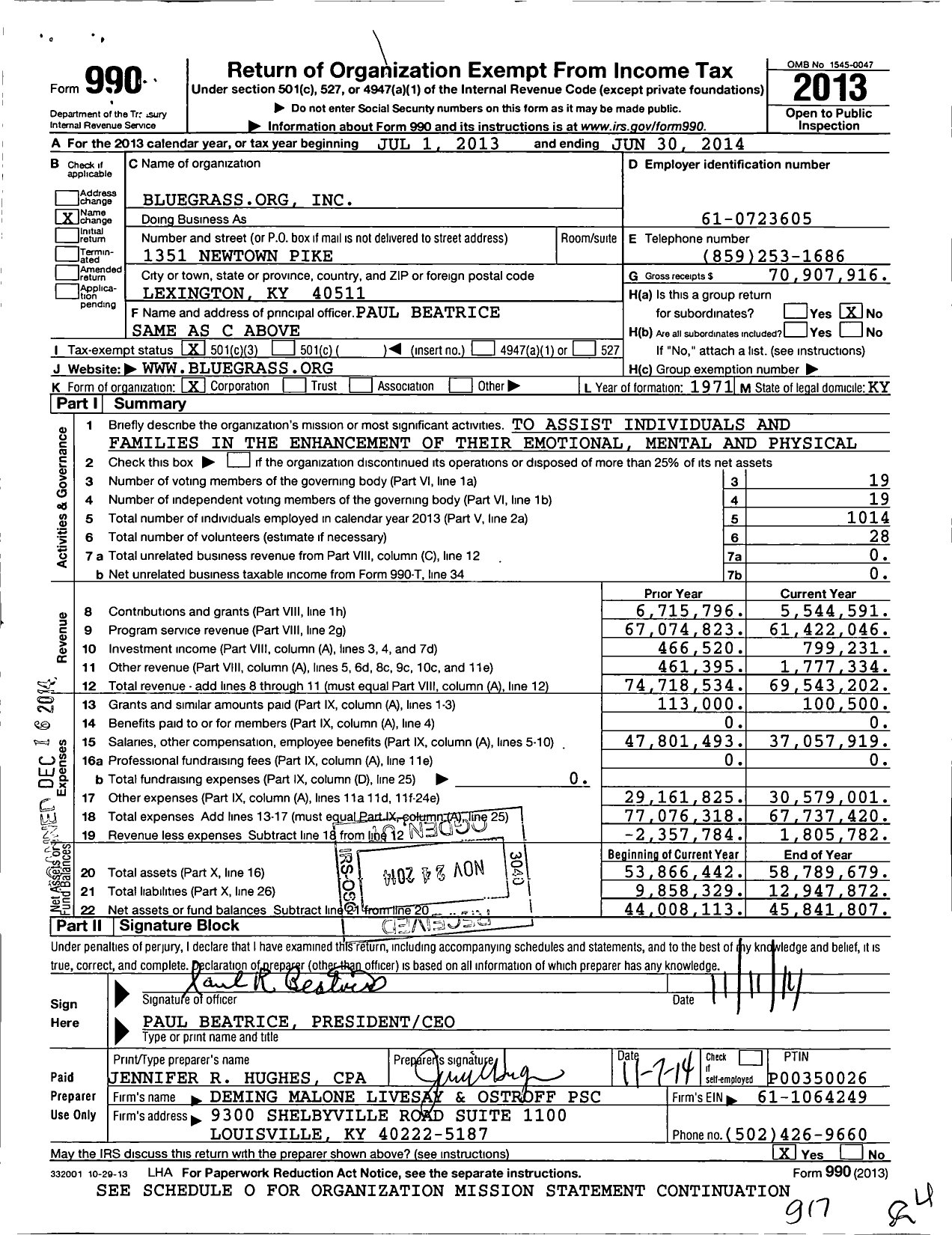 Image of first page of 2013 Form 990 for New Vista of the Bluegrass