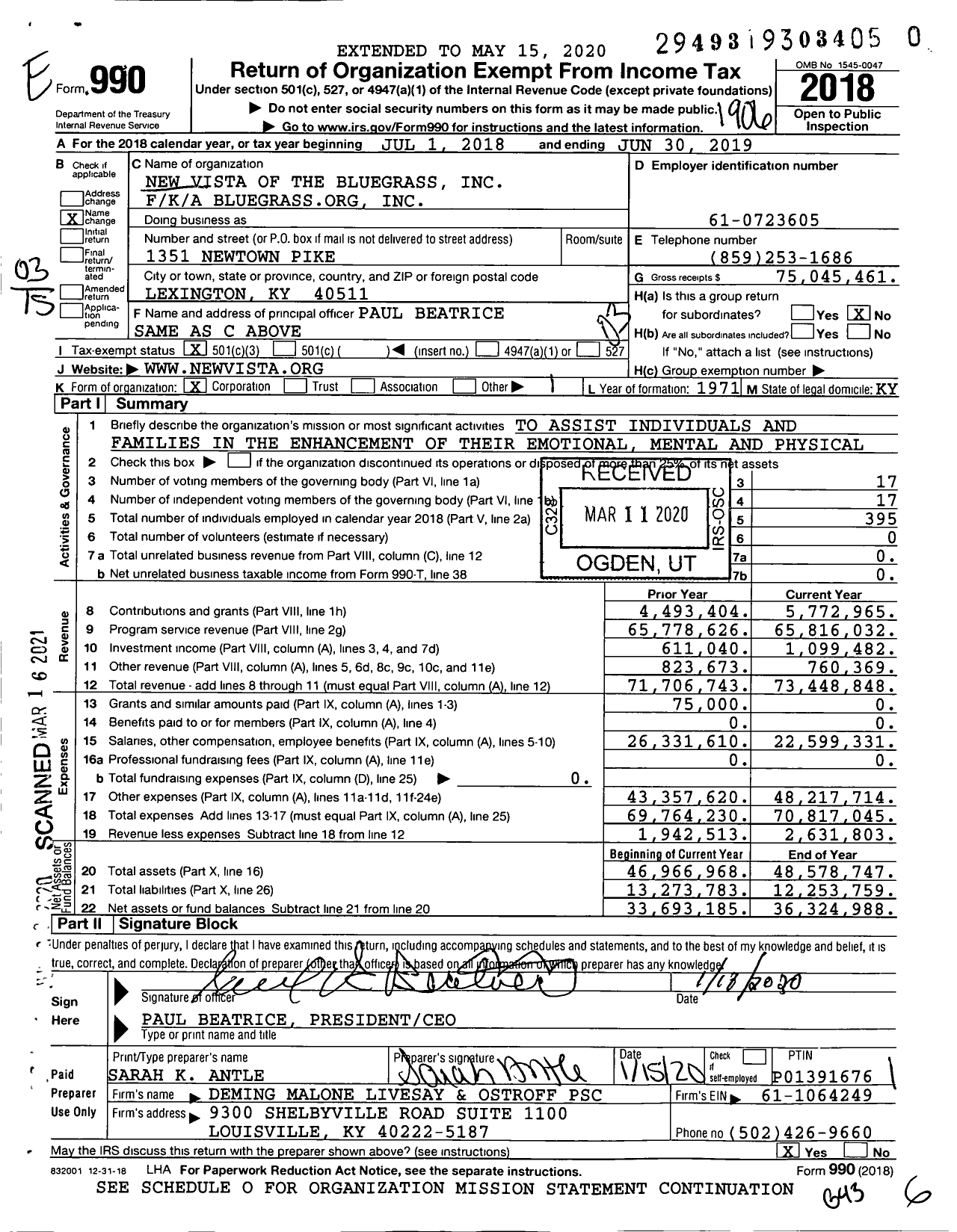 Image of first page of 2018 Form 990 for New Vista of the Bluegrass