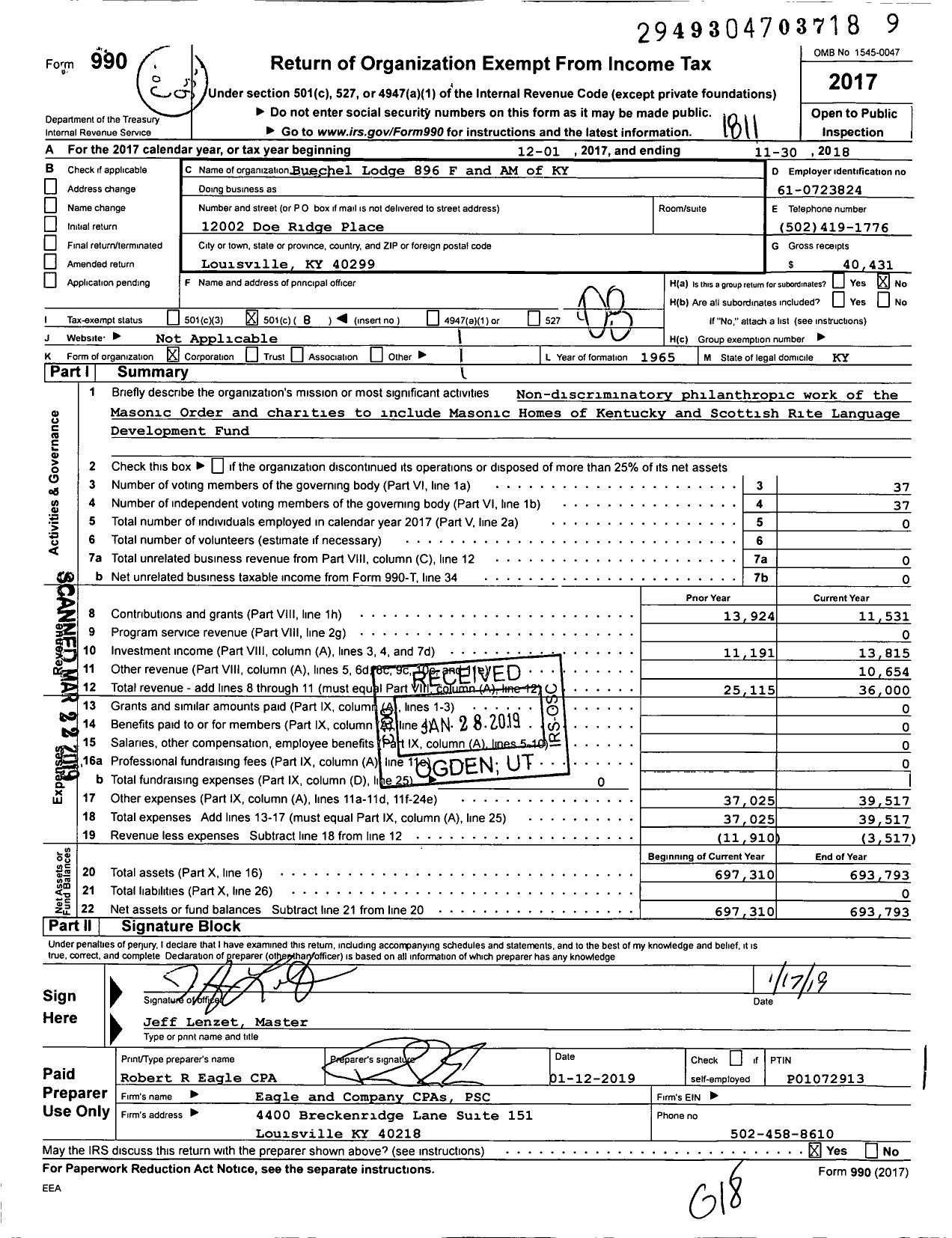 Image of first page of 2017 Form 990O for Free and Accepted Masons of Kentucky - 896 Buechel