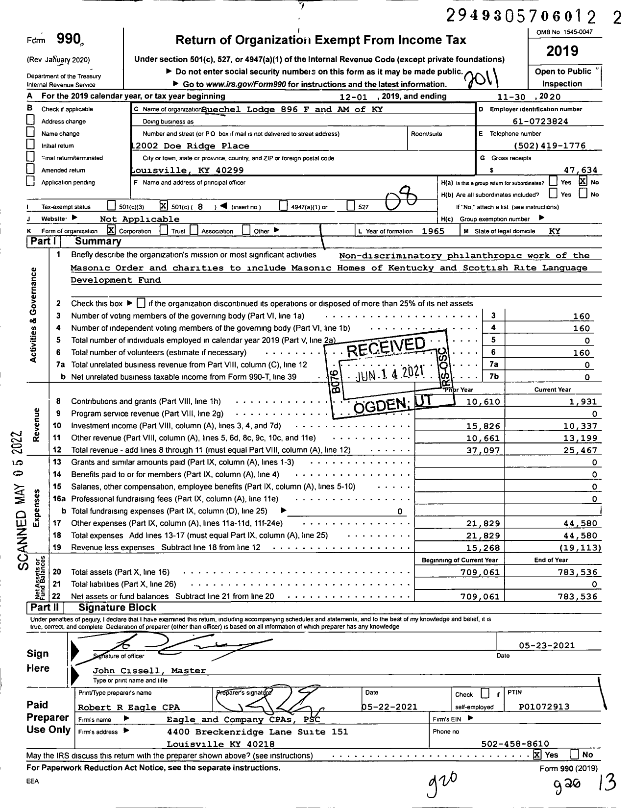 Image of first page of 2019 Form 990O for Free and Accepted Masons of Kentucky - 896 Buechel