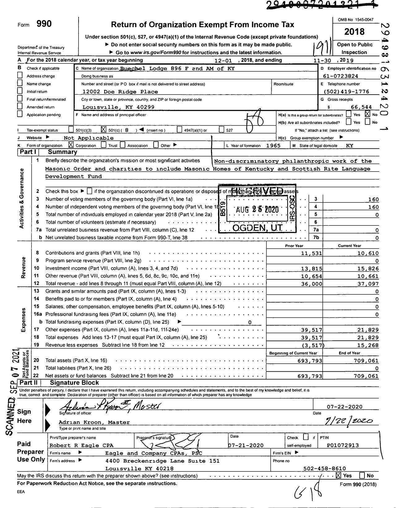 Image of first page of 2018 Form 990O for Free and Accepted Masons of Kentucky - 896 Buechel