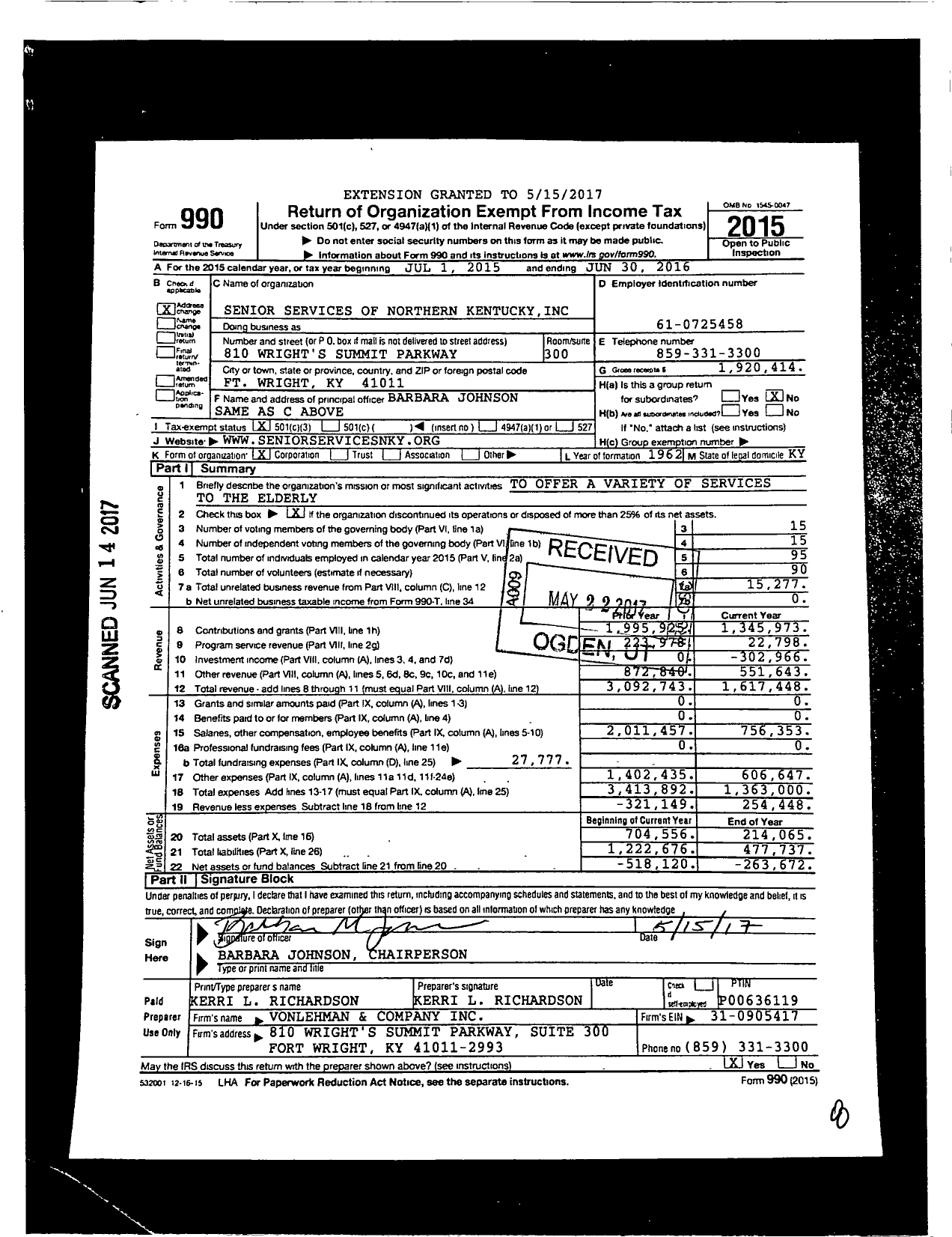 Image of first page of 2015 Form 990 for Senior Services of Northern Kentucky