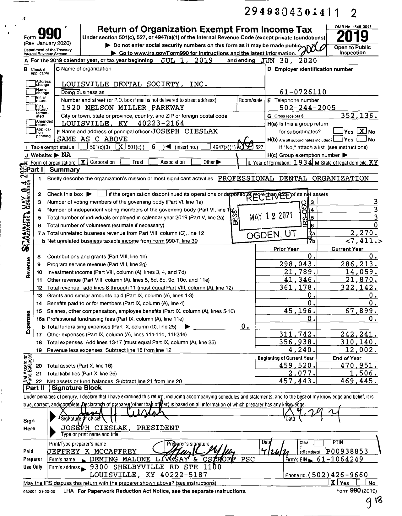 Image of first page of 2019 Form 990O for Louisville Dental Society