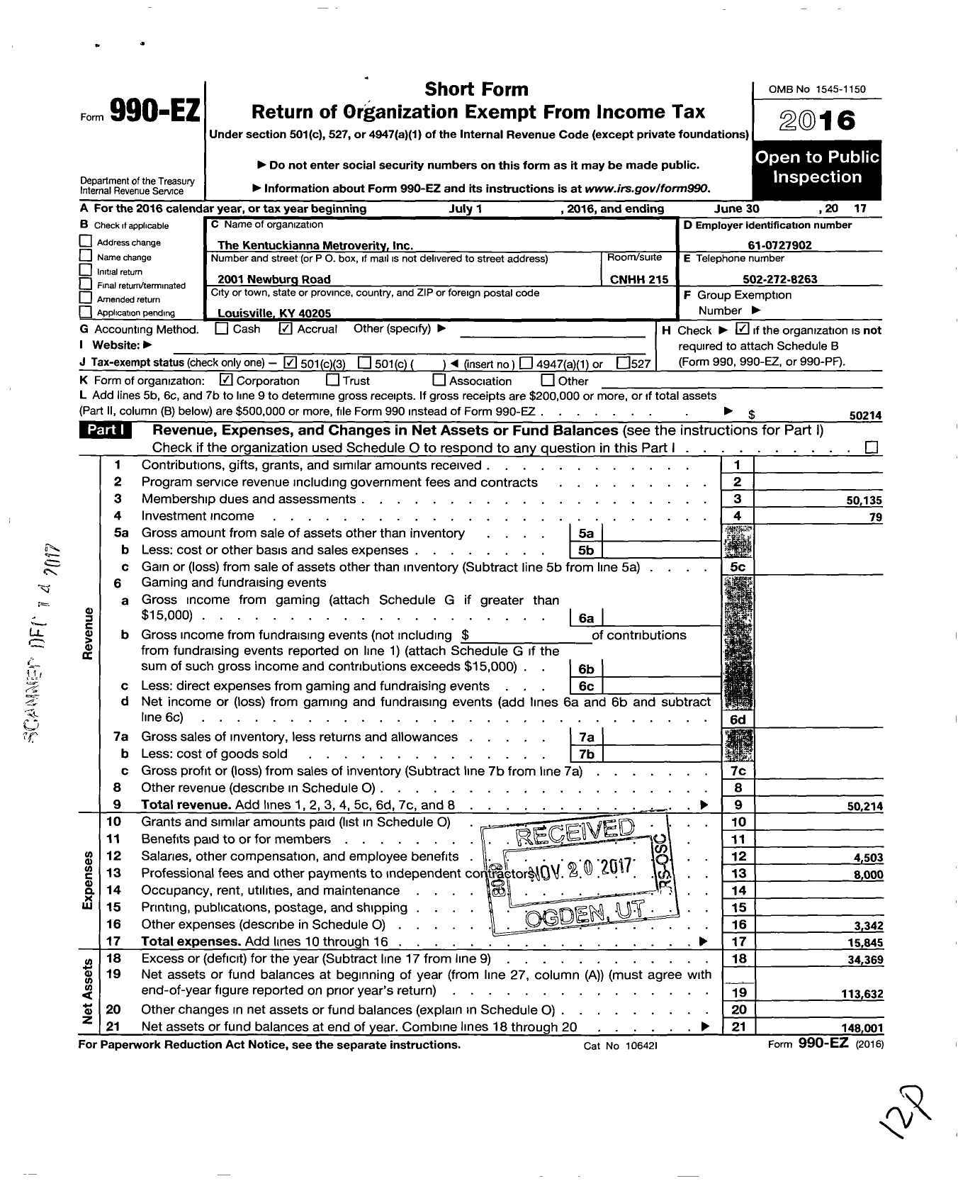 Image of first page of 2016 Form 990EZ for Kentuckiana Metroversity